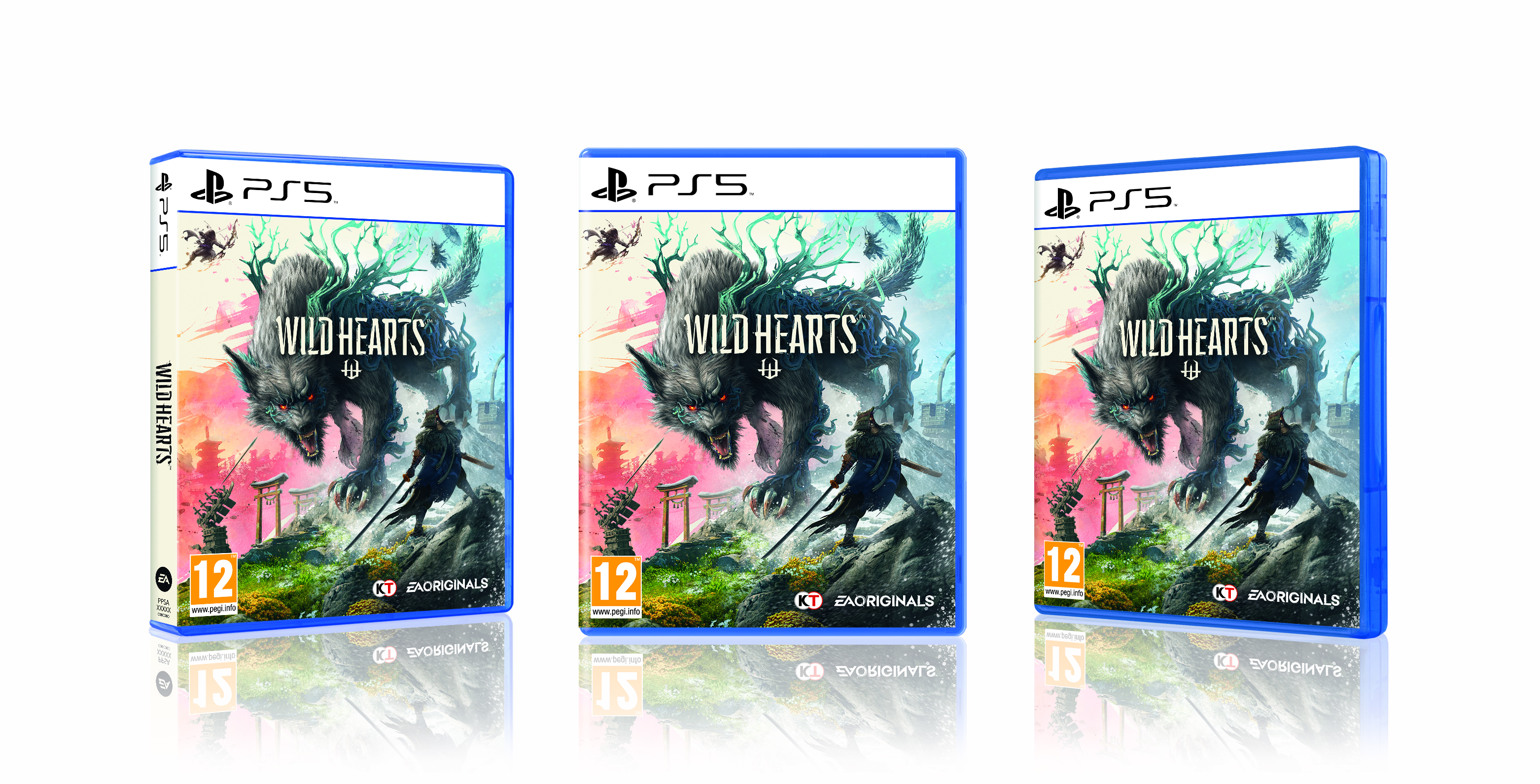 Vengono visualizzate tre custodie di gioco per Wild Hearts. Presentano una creatura simile a un lupo e un guerriero.