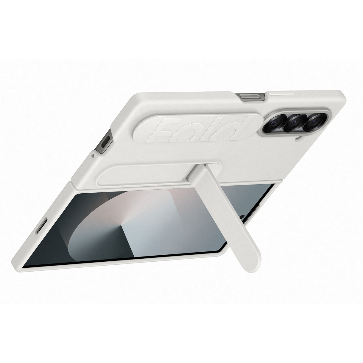 Weiße Handyhülle mit Ständer, Telefon ist geöffnet und sichtbar. Dreifach-Kamera-Design.