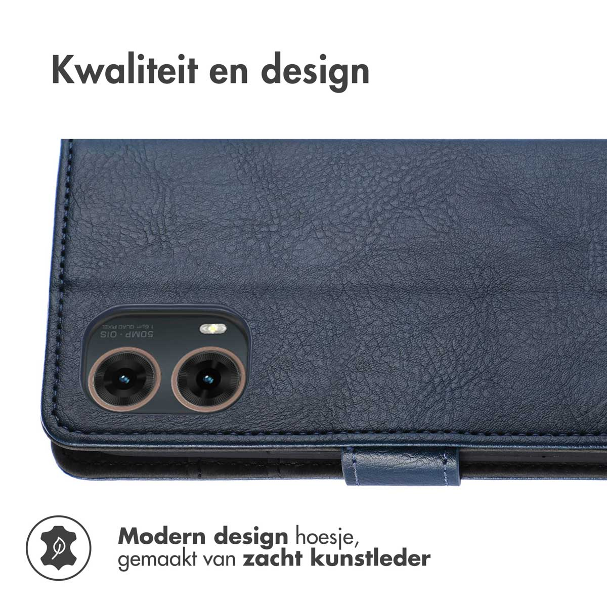 Blauw telefoonhoesje. Close-up van de camera en het ontwerp, gemaakt van leer.