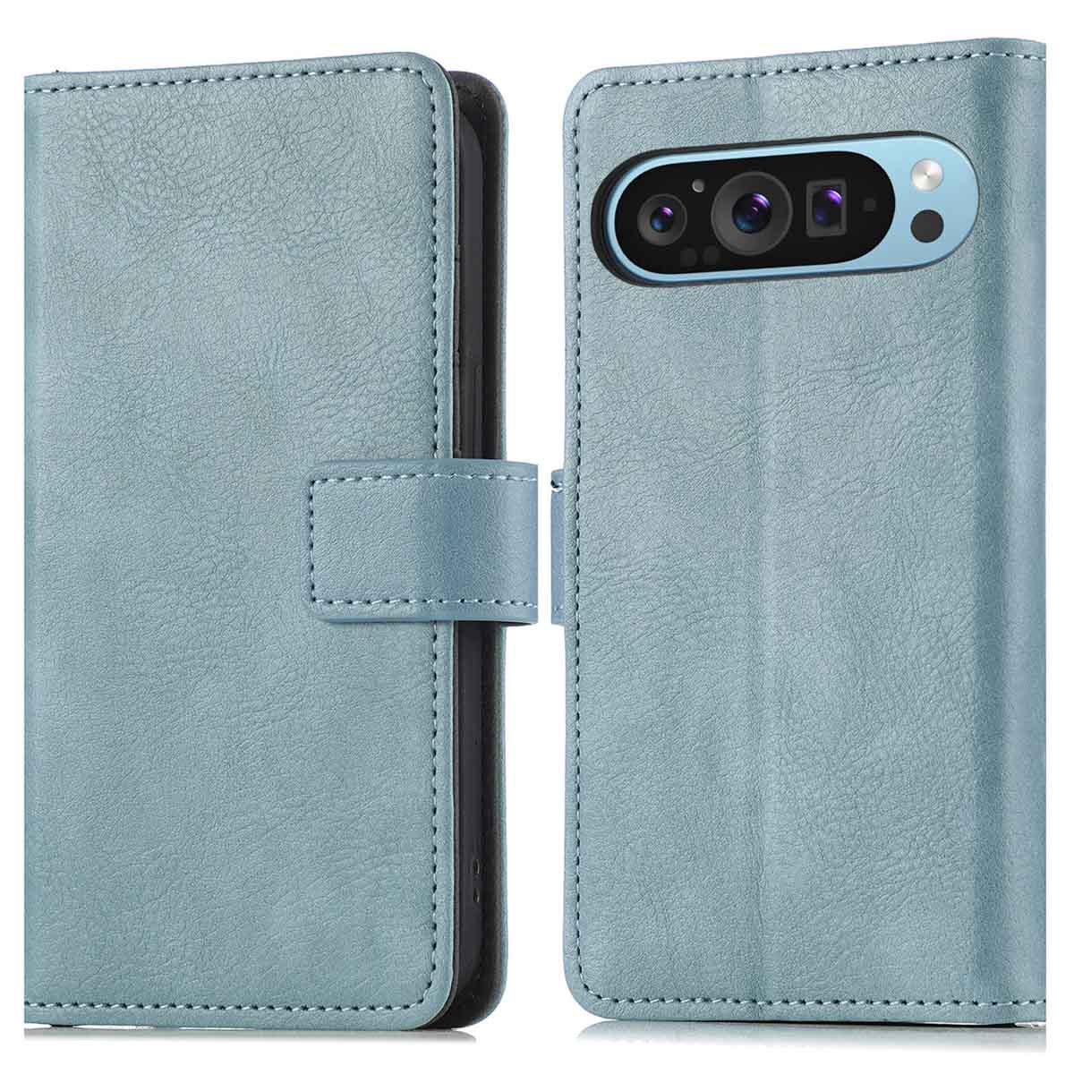 Un étui de téléphone bleu est ouvert, montrant le téléphone. L'étui est bleu clair et texturé.
