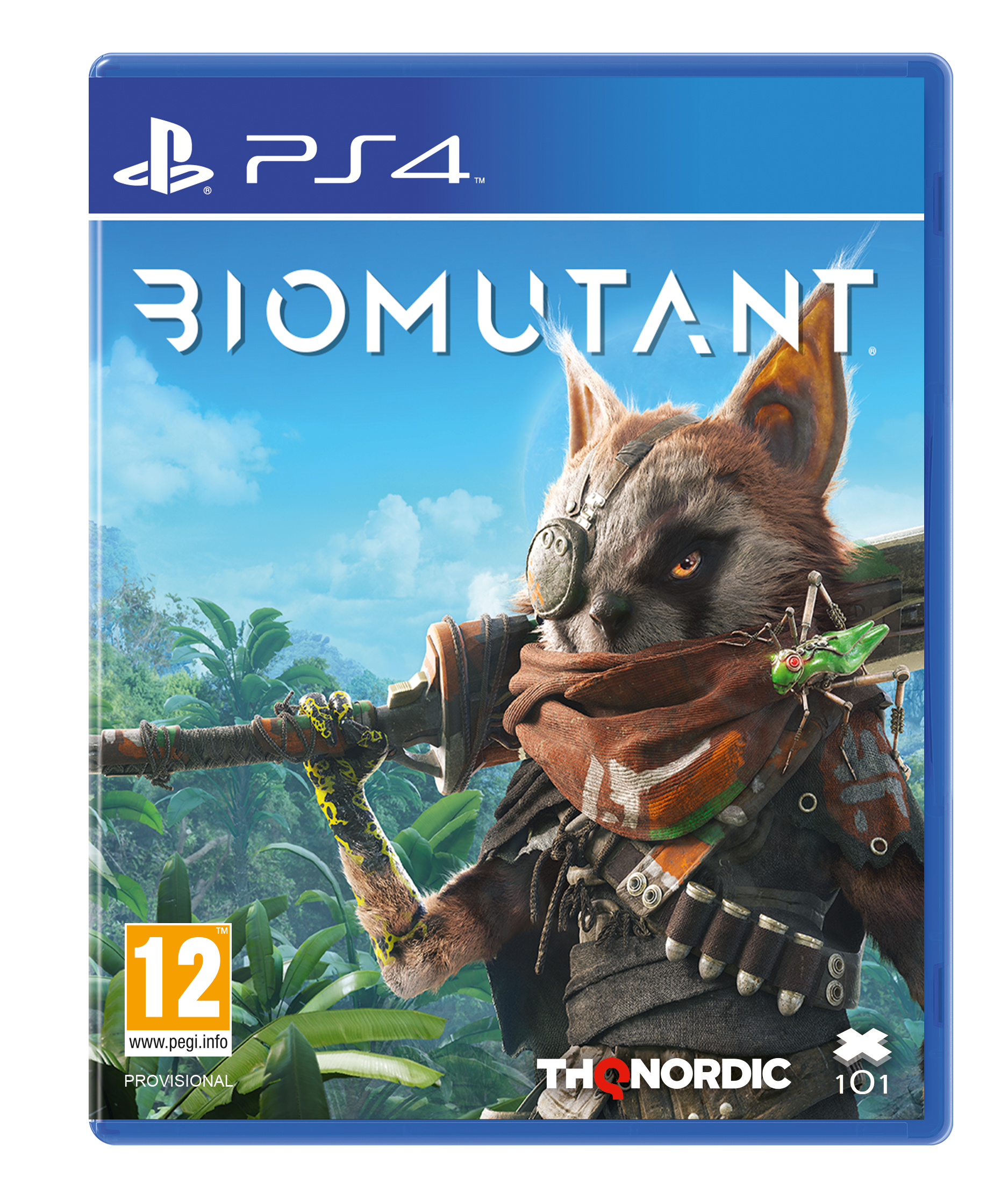 Pudełko gry Biomutant na PS4. Stworzenie podobne do szopa z mieczem w scenerii dżungli.