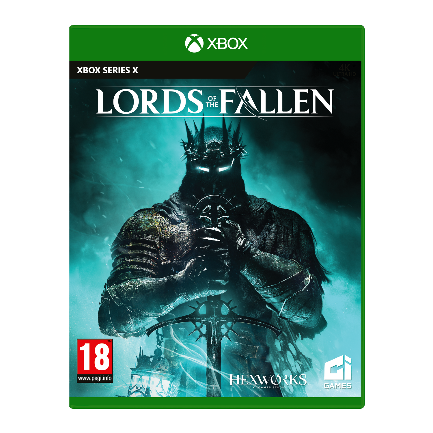 Okładka gry Xbox: Lords of the Fallen. Mroczny rycerz z koroną i mieczem na niebieskim tle.