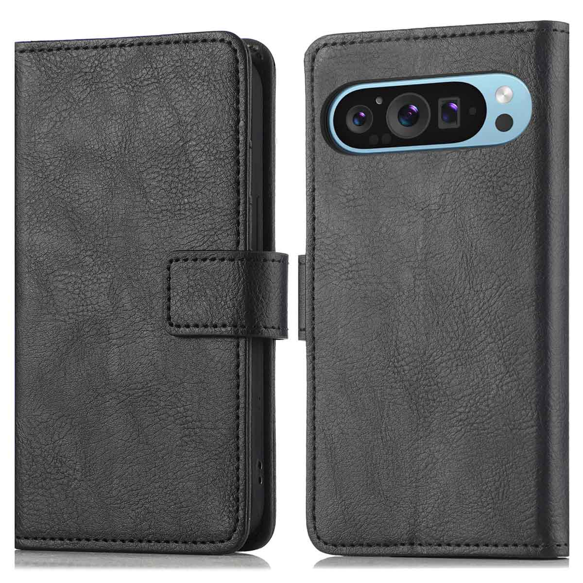 Étui de téléphone en cuir noir. Montre les objectifs de l'appareil photo.