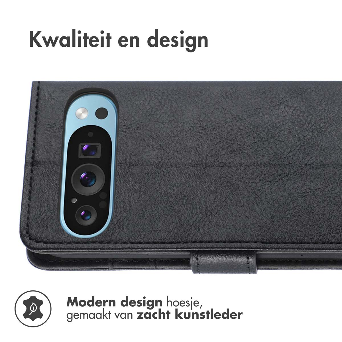 Gros plan sur un étui de téléphone noir, montrant l'appareil photo et les mots 'Kwaliteit en design'.