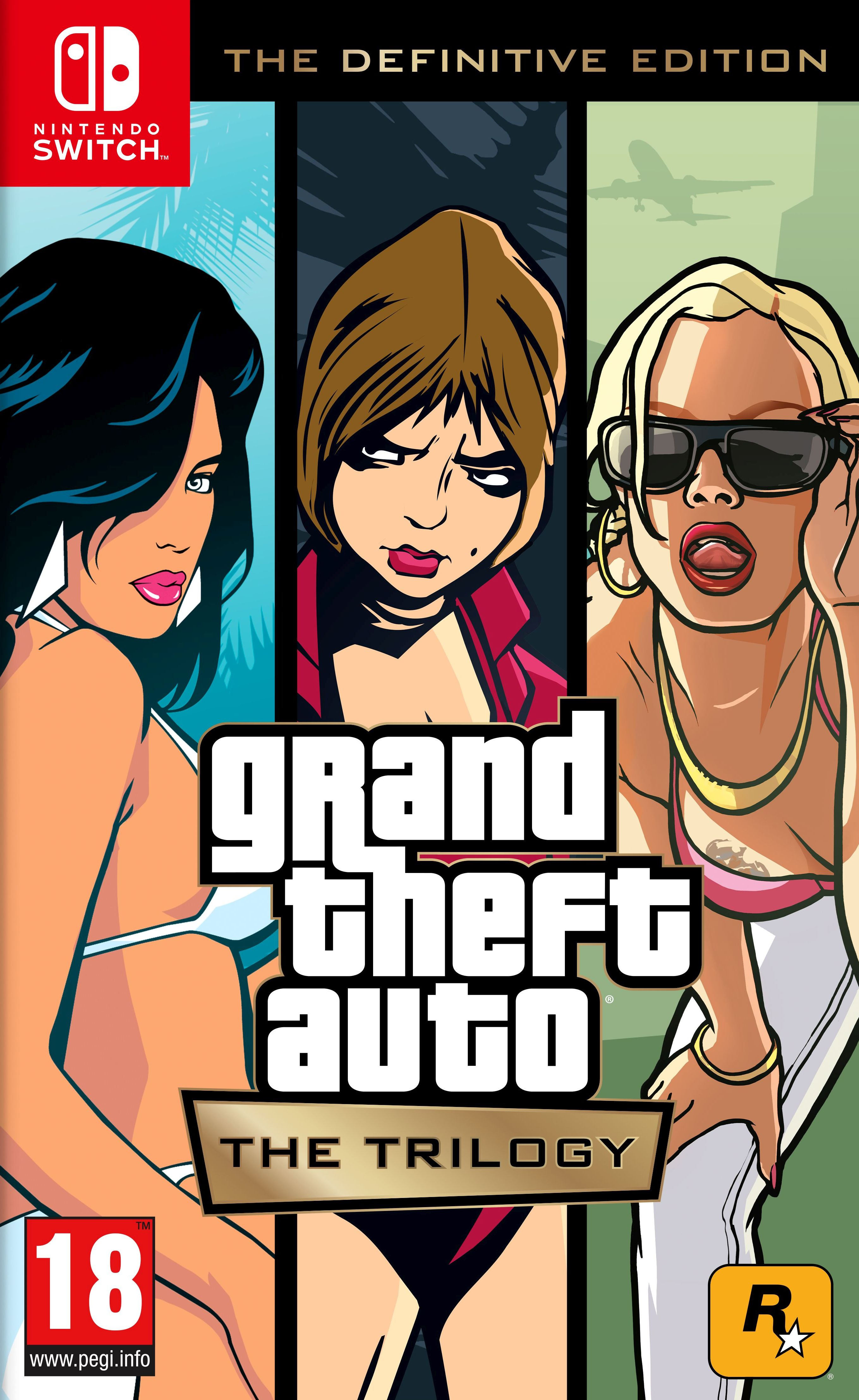 Game cover for Grand Theft Auto: The Trilogy. Three women are shown. The game is for Nintendo Switch.