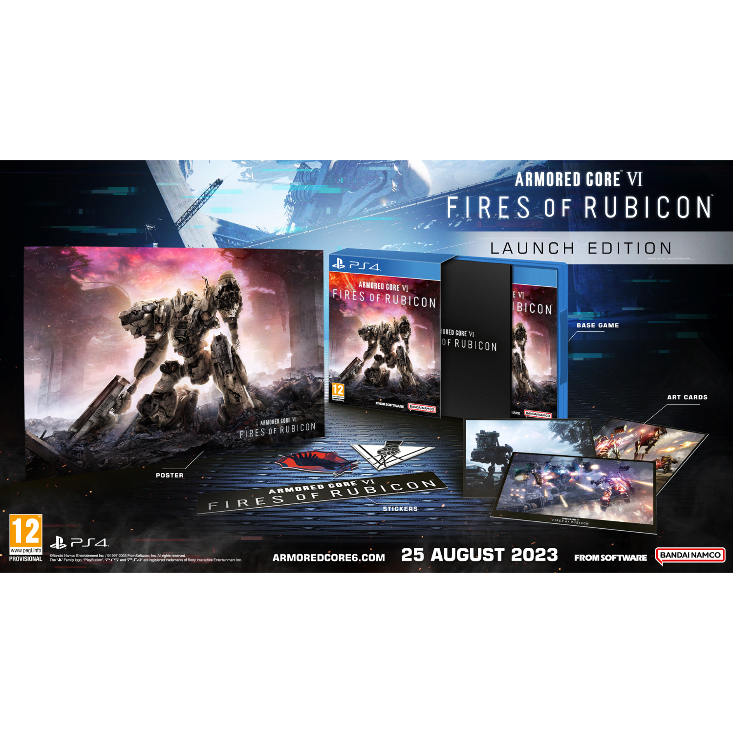 Pudełko gry Armored Core VI: Fires of Rubicon i materiały promocyjne. Zawiera pudełka z grami, plakat i karty artystyczne.
