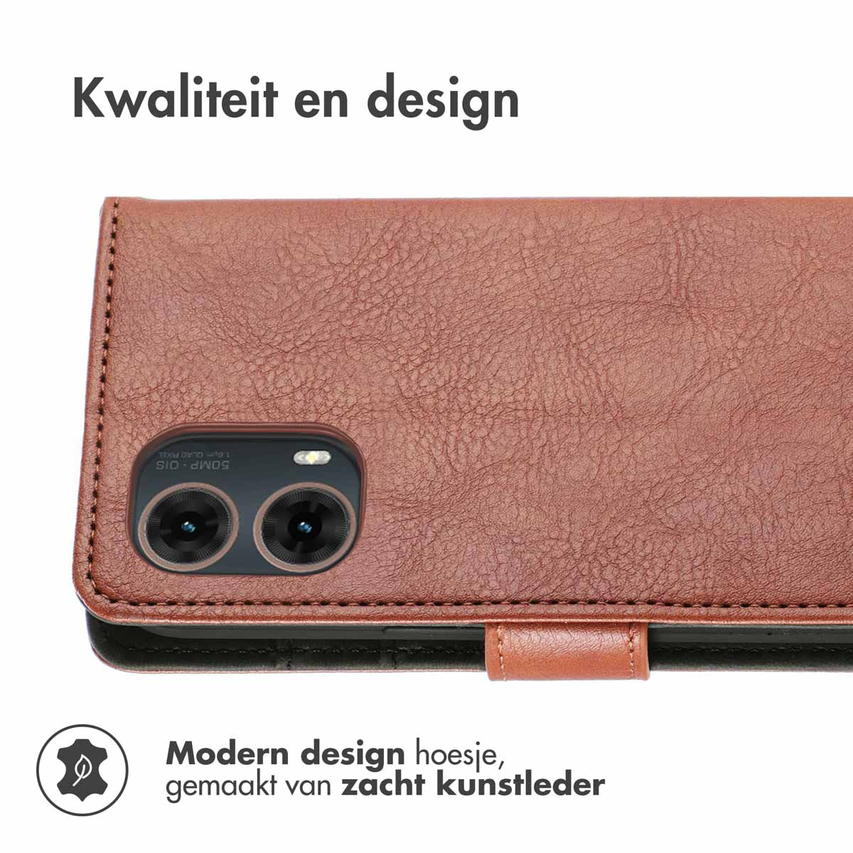 Bruin leren telefoonhoesje met camera-uitsparing, lipsluiting en modern design.