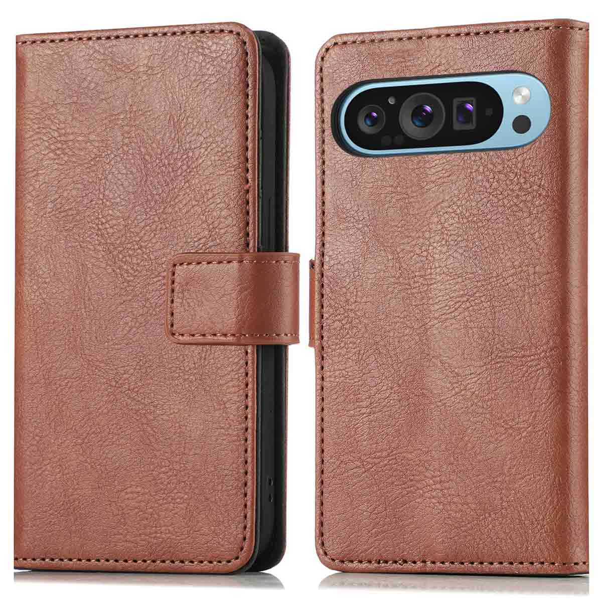 Étui de téléphone en cuir marron, fermé et ouvert. Il a une fermeture magnétique et des découpes pour l'appareil photo.