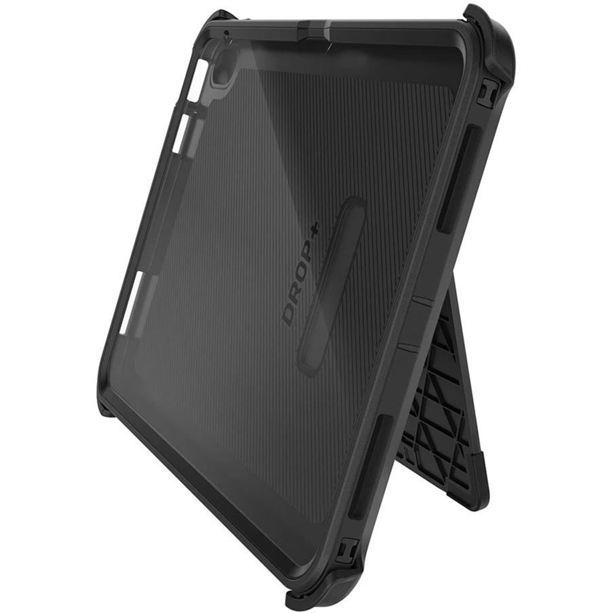 Black protective case for a tablet, with a stand.