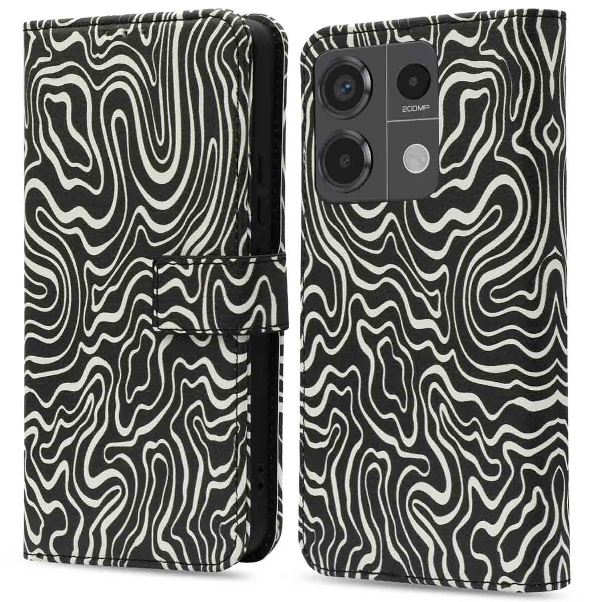 Een zwart-witte telefoonhoes met zebraprint. Het wordt gesloten en open getoond, met camera en scherm zichtbaar.