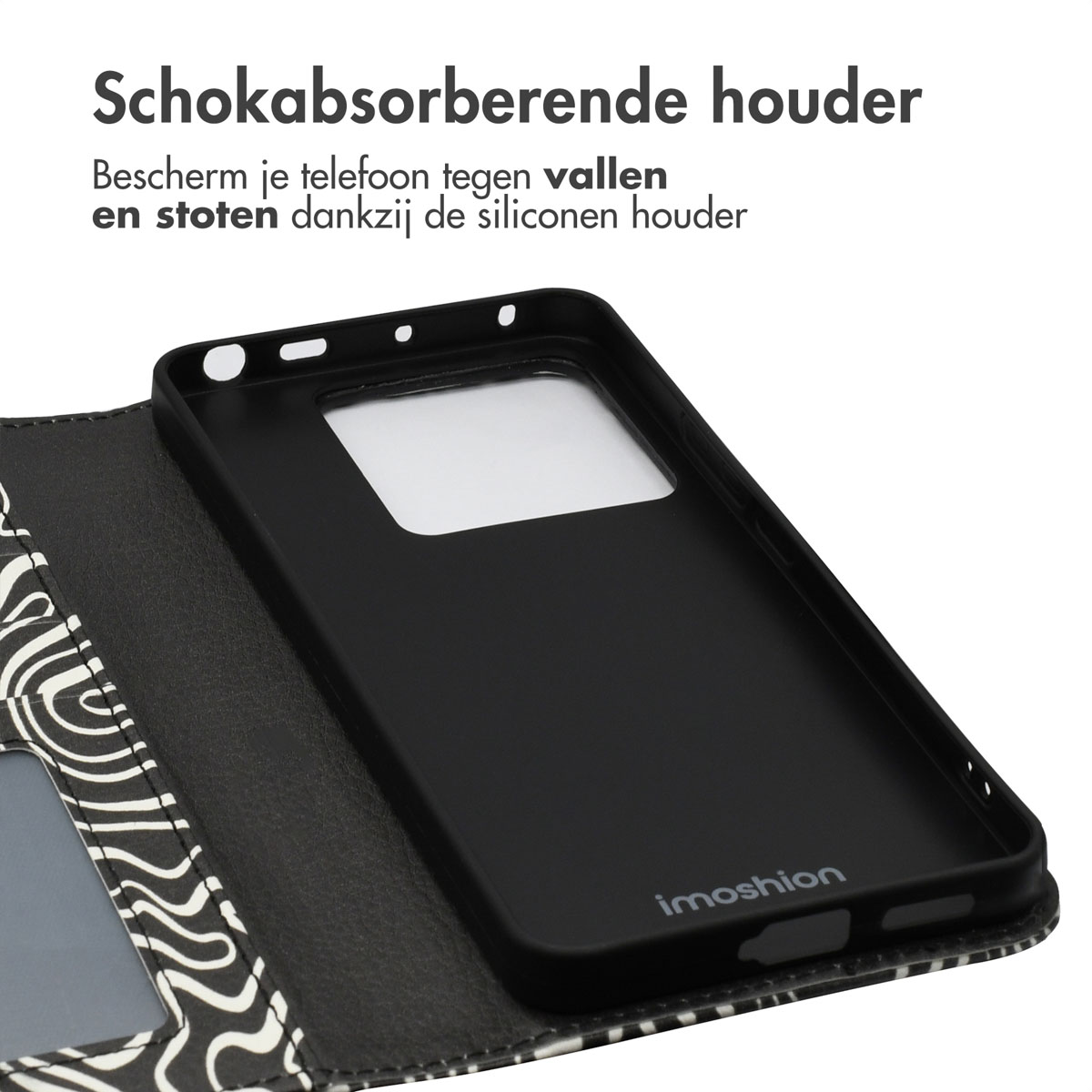 Zwarte telefoonhoes binnenkant met een wit en zwart patroon. Telefoonvorm binnenin.