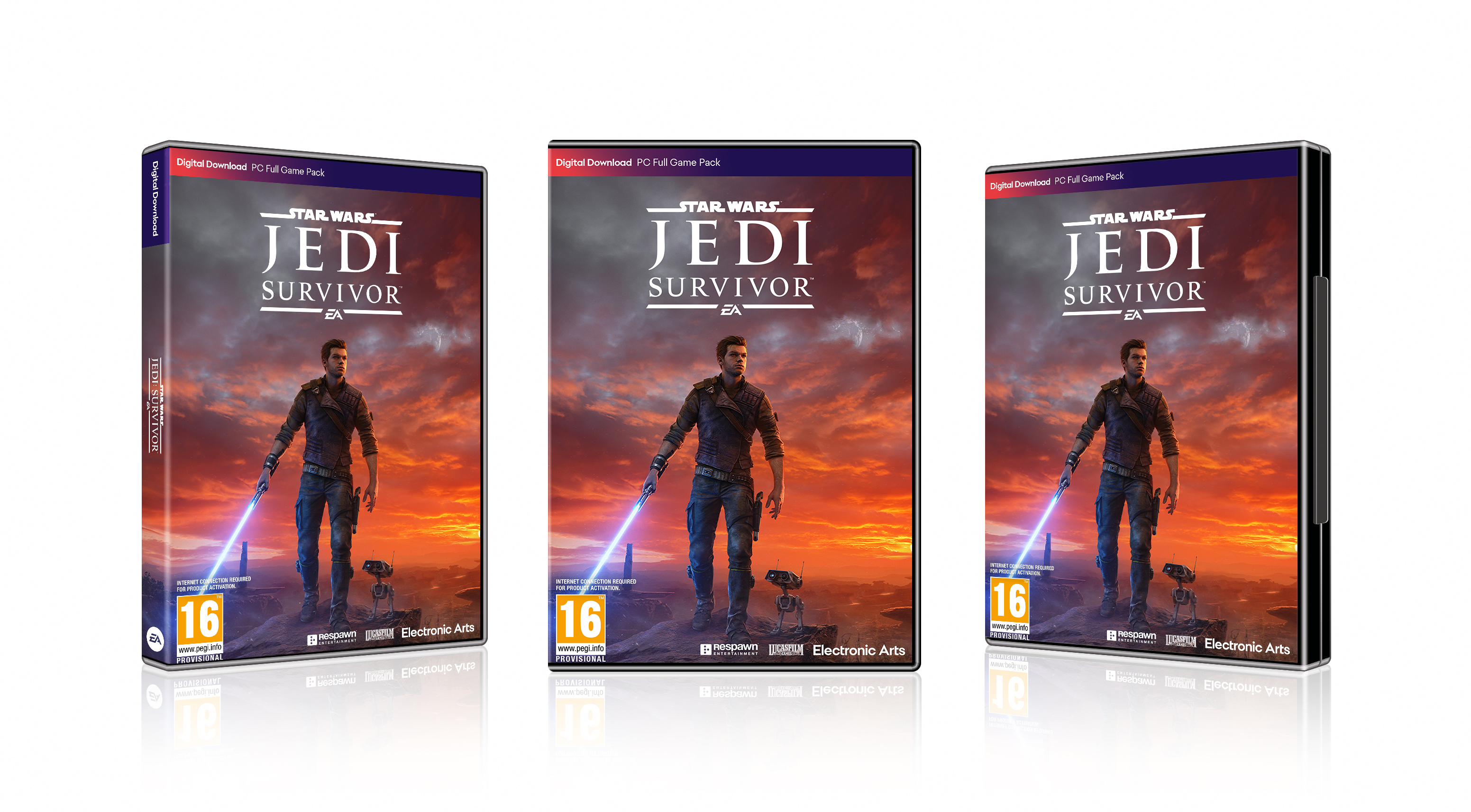 Copertina del gioco Star Wars Jedi Survivor. Uomo con una spada laser. Scatole del gioco su una superficie bianca.