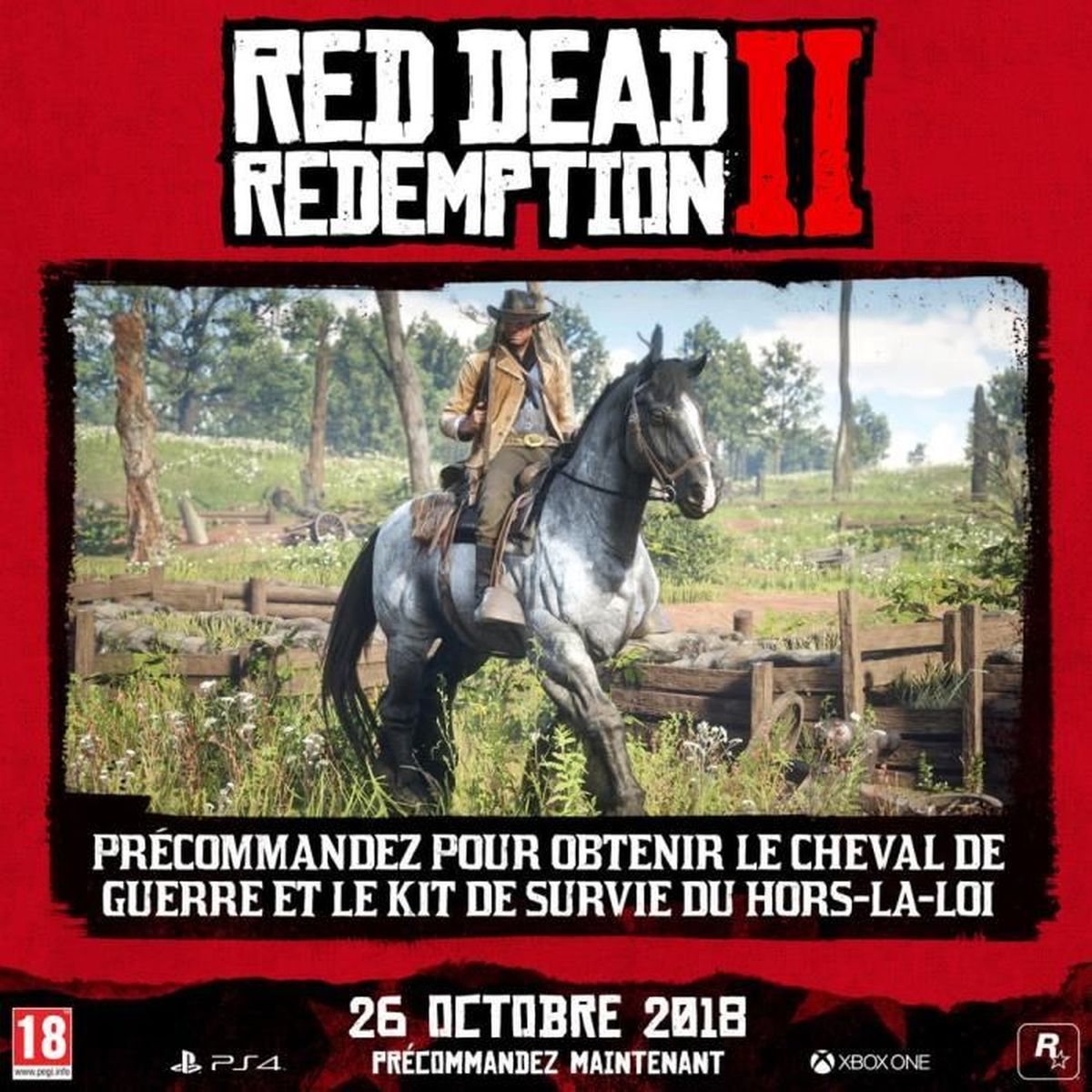 Okładka gry Red Dead Redemption 2 z mężczyzną na koniu i datą premiery.