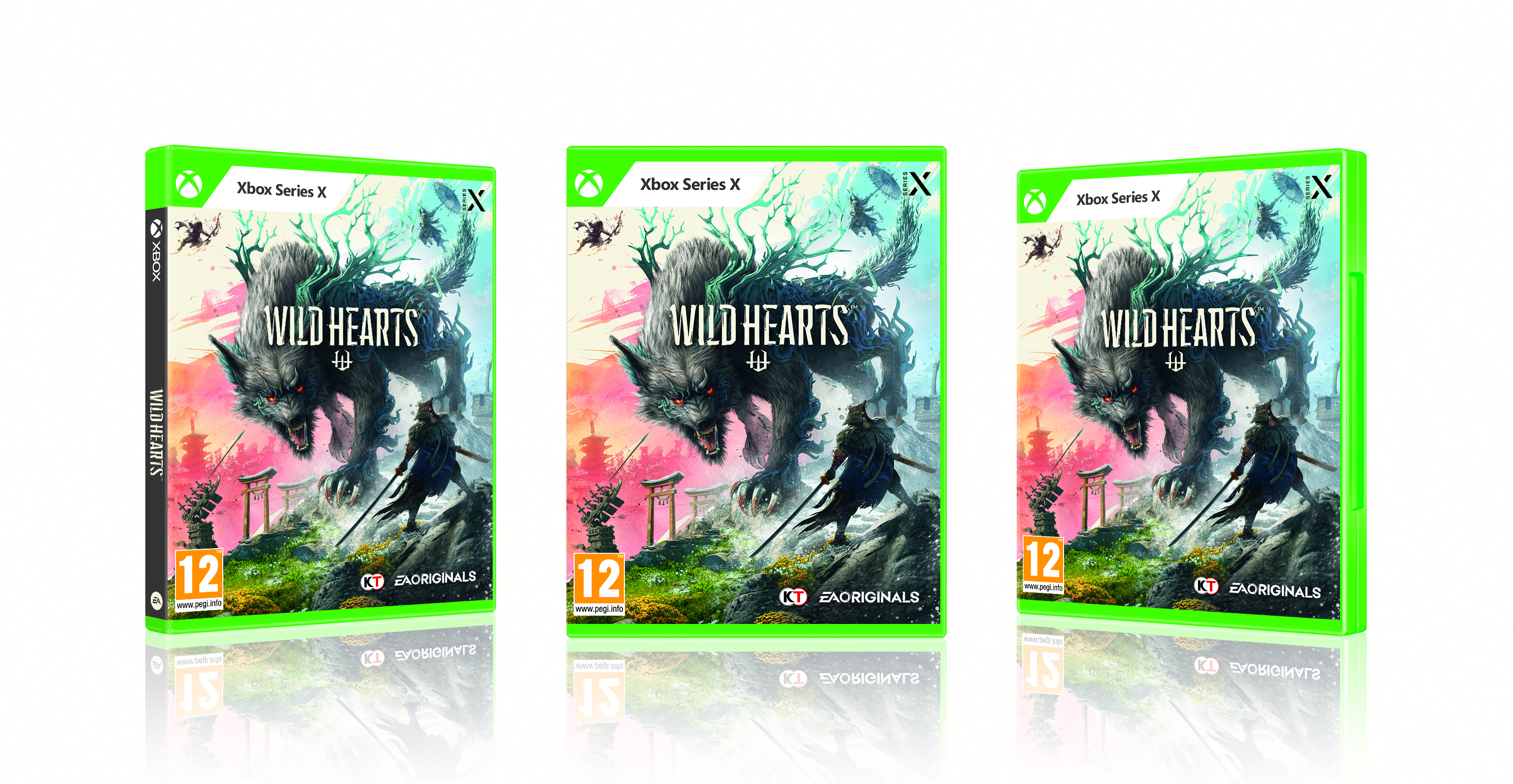 Okładki gier Xbox Series X. Tytuł: Wild Hearts. Stworzenie podobne do wilka i wojownik w lesie.