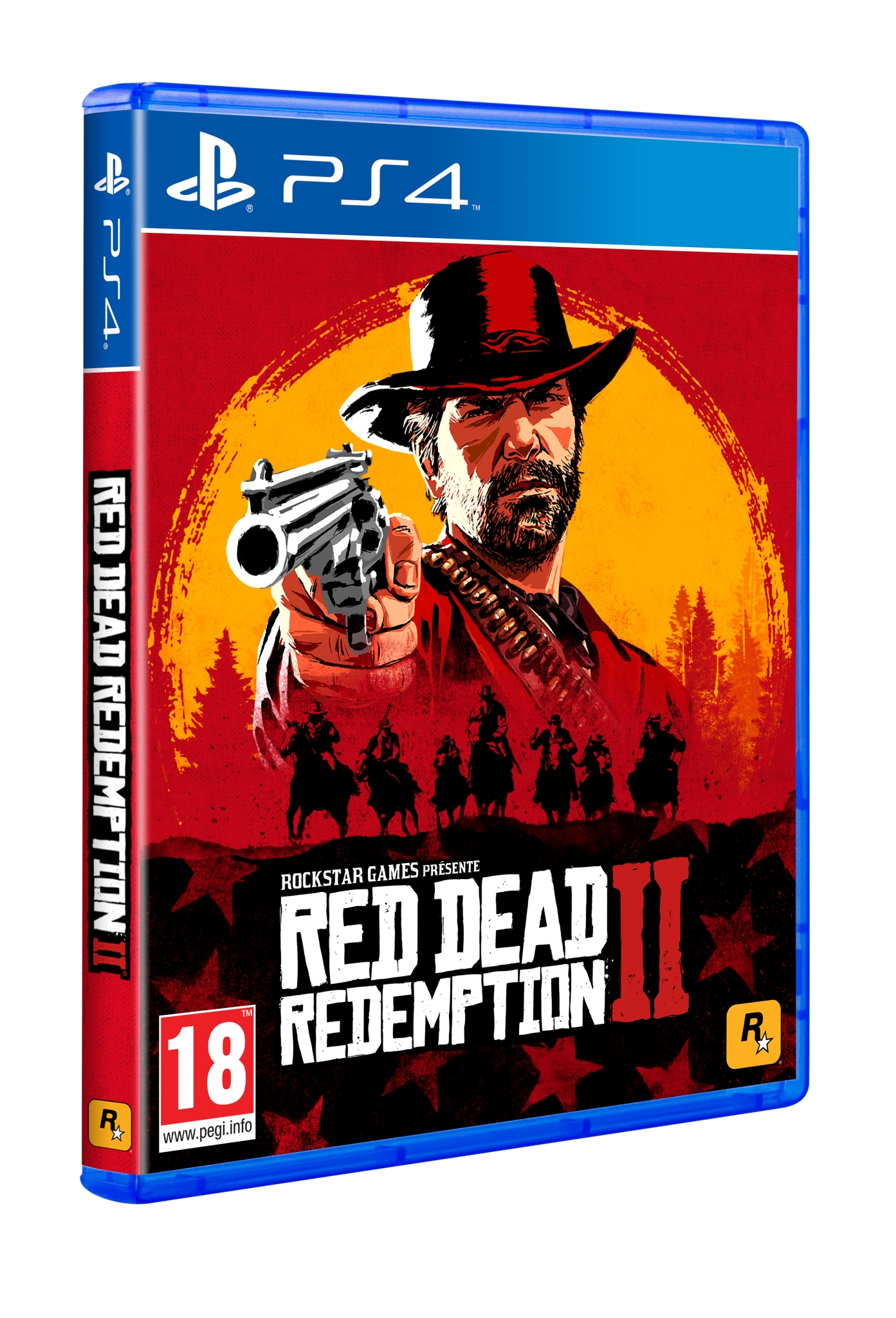 Pudełko z grą Red Dead Redemption 2. Mężczyzna w kapeluszu trzyma broń. Czerwone tło z jeźdźcami.