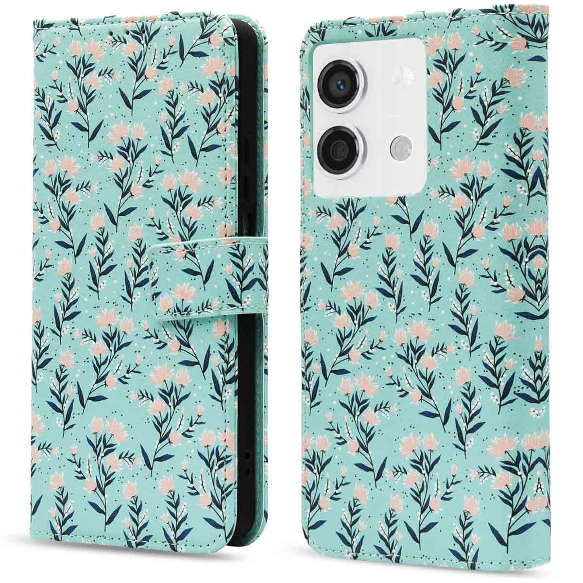 Telefoonhoesje met bloemenpatroon in blauw en roze. Telefoonhoesje open. Lichtblauwe achtergrond.