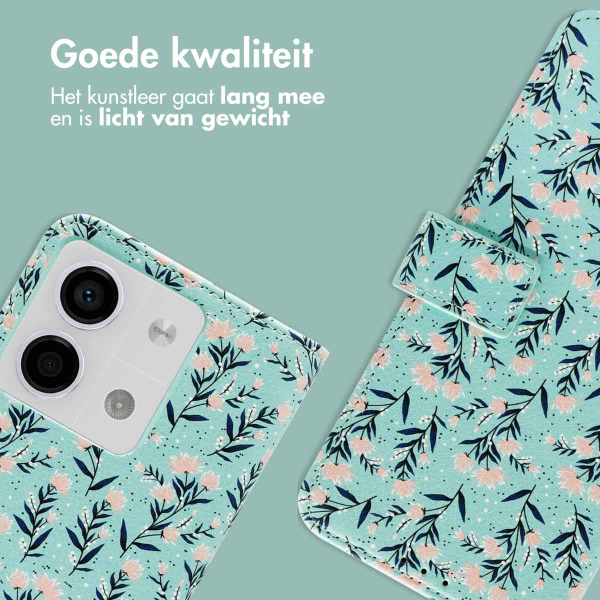 Telefoonhoes open met bloemenpatroon. Telefoon met zichtbare camera. Lichtblauwe achtergrond met tekst.