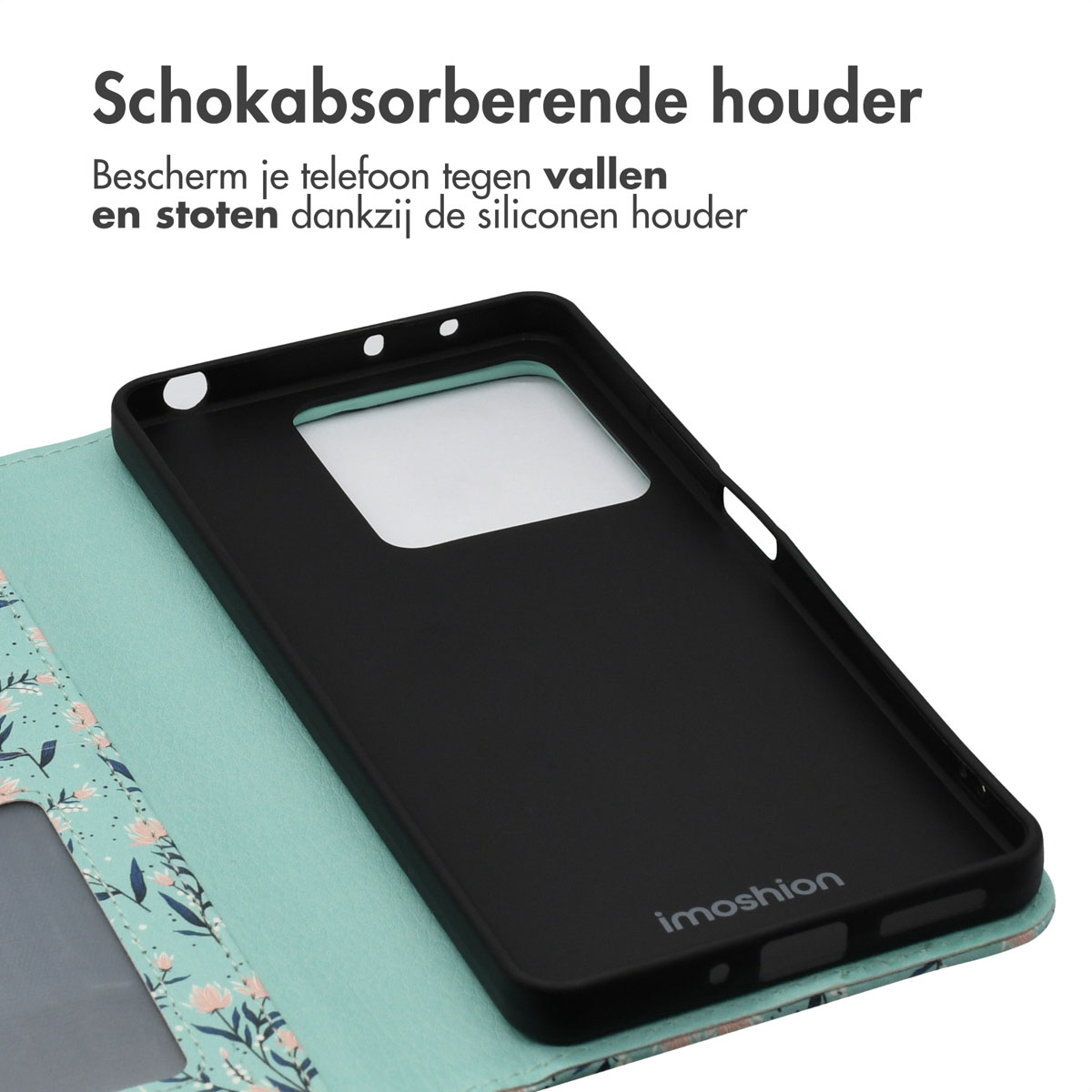 Open telefoonhoesje. Zwarte telefoonhouder. Telefoonhoesje met bloemenpatroon. Lichtblauwe achtergrond.