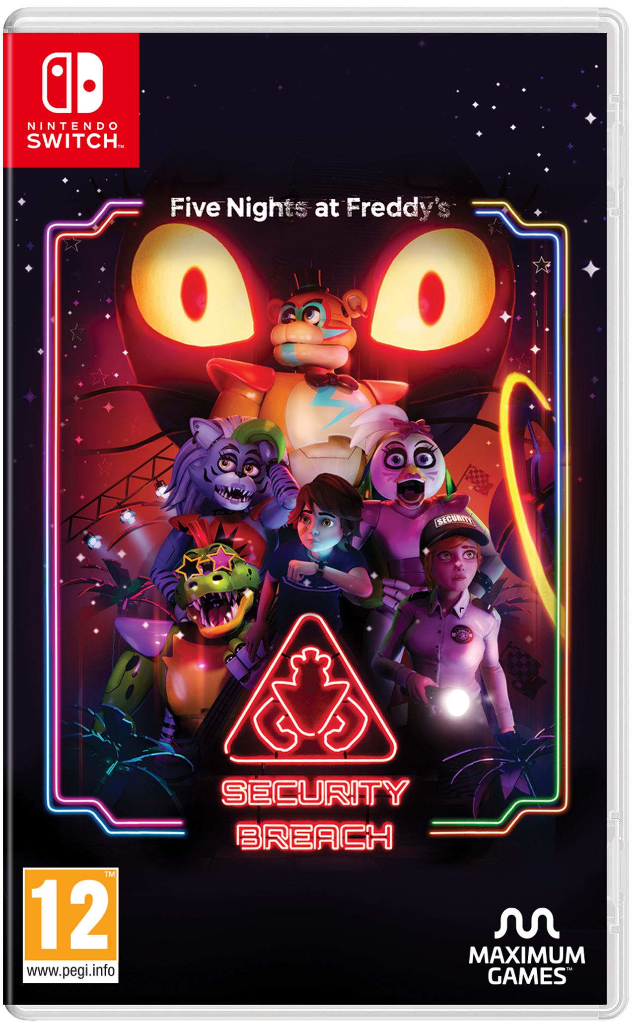 Custodia del gioco Nintendo Switch. Mostra i personaggi di 'Five Nights at Freddy's: Security Breach'.