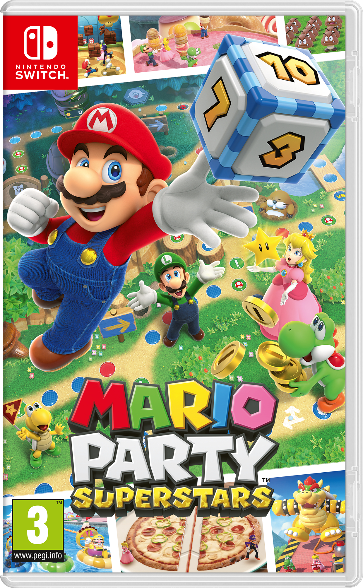 Copertina del gioco Mario Party Superstars. Mario, Luigi, Peach e Yoshi su un tabellone con un dado.