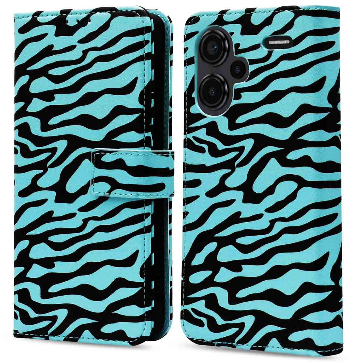 Een turquoise telefoonhoesje met zwarte zebra strepen. De hoes bestaat uit twee delen, voor en achter, met een sluiting.