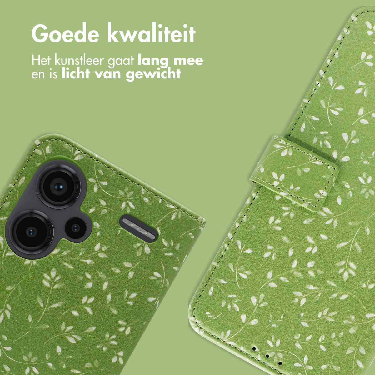 Close-up van een groene hoes met een bladerenpatroon. Tekst: Goede kwaliteit. Kunstleer gaat lang mee en is licht.