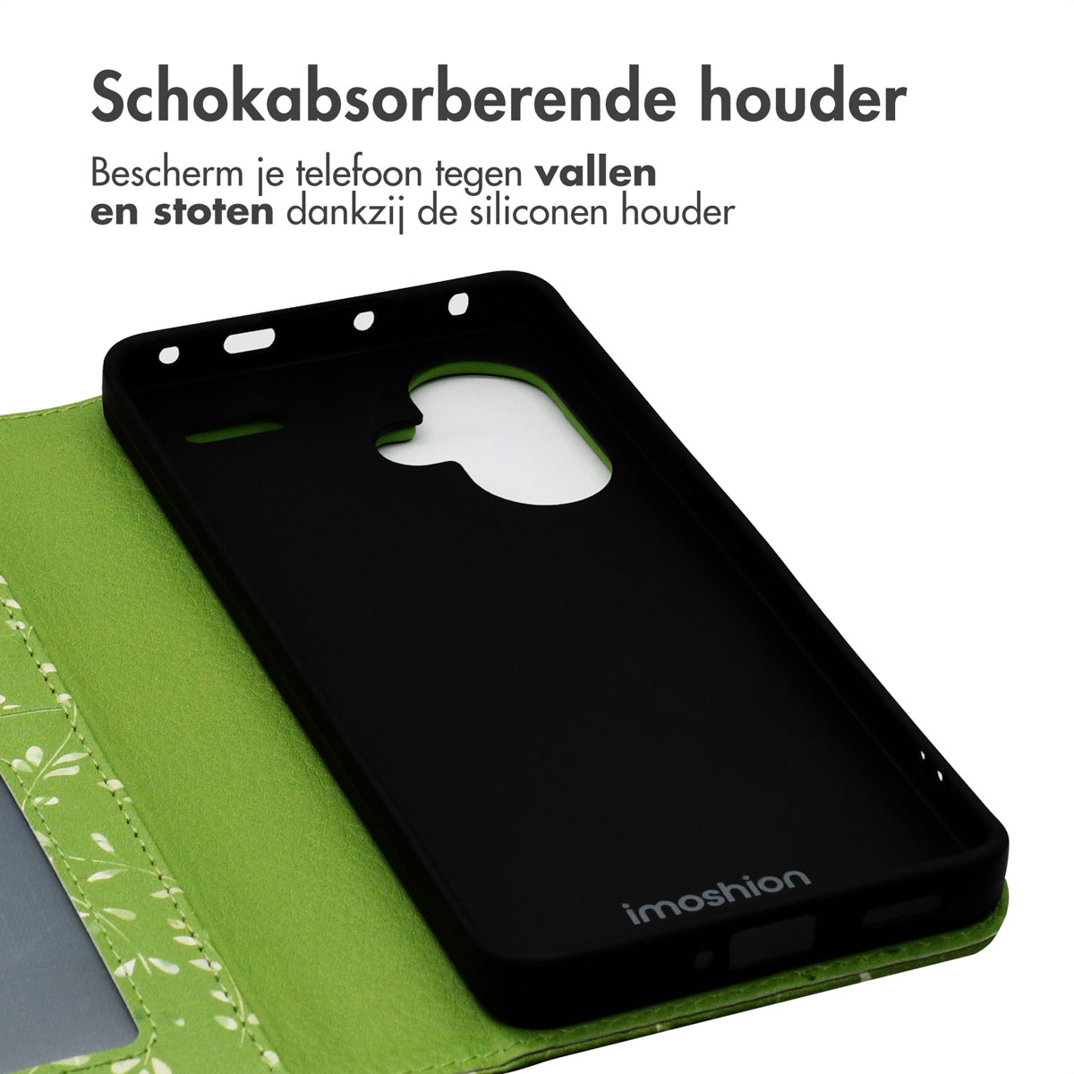 Een telefoonhoesje. Zwarte hoes is open, toont een groen bloemeninterieur. Tekst in het Nederlands.