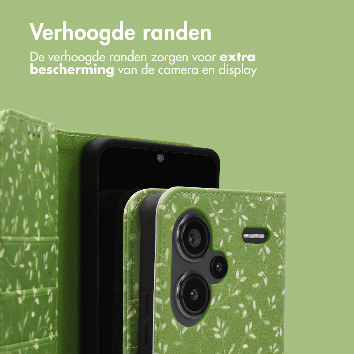 Telefoon in groene bloemenhoes. Tekst: Verhoogde randen beschermen camera en display.