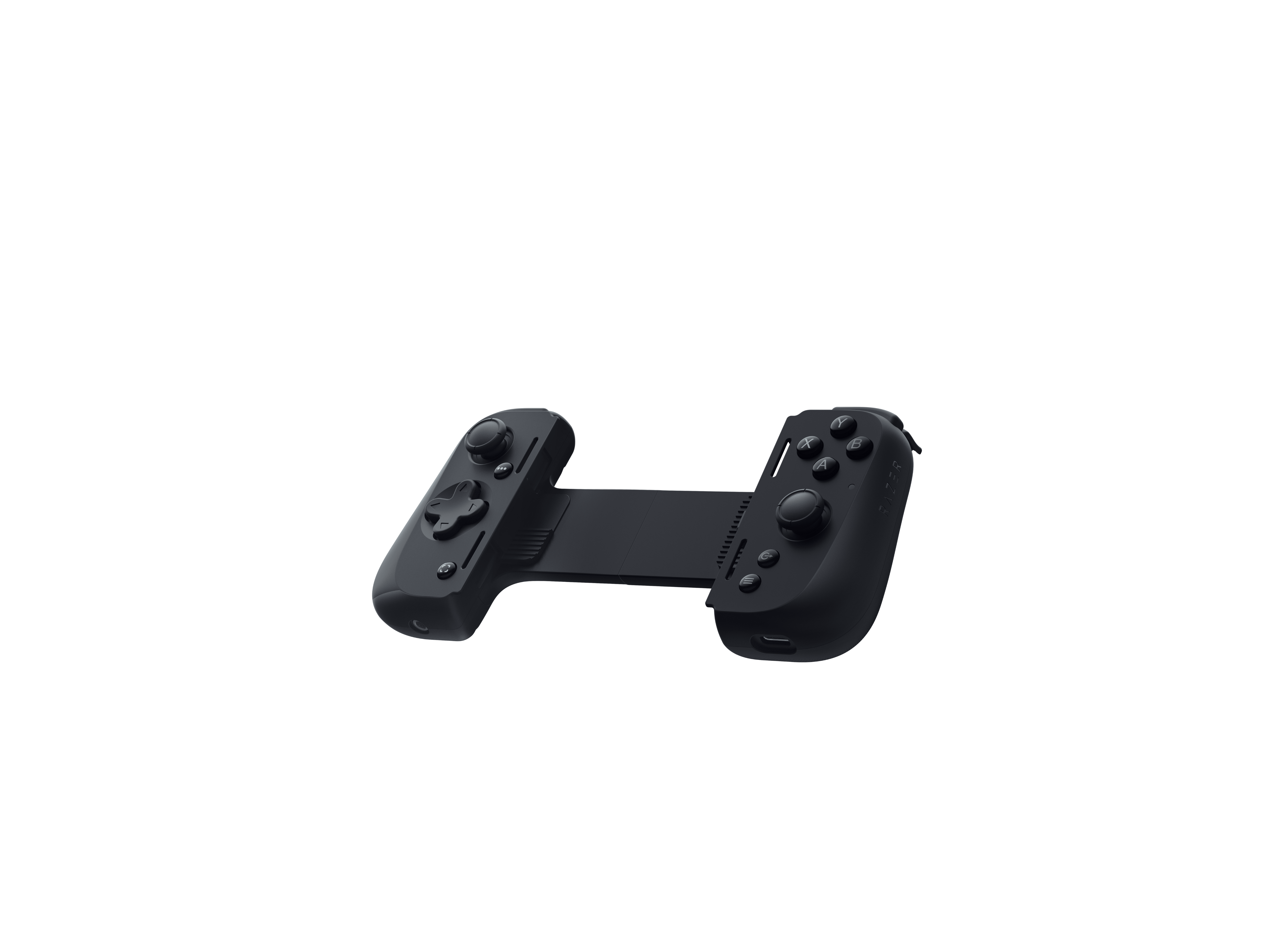 Czarny gamepad, z przyciskami i joystickami, przeznaczony do telefonów komórkowych, na czarnym tle.