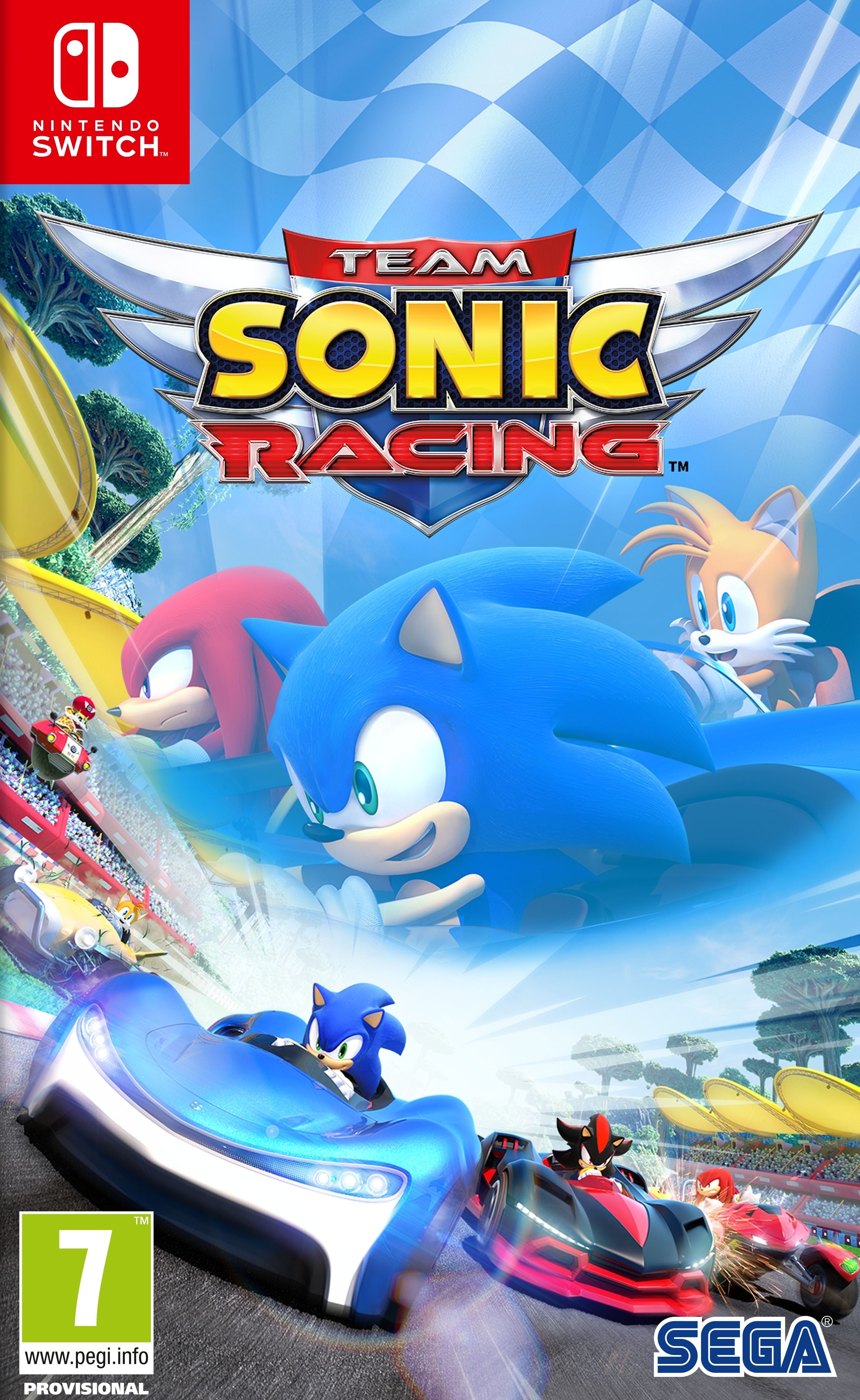Copertina del gioco Team Sonic Racing con Sonic e altri personaggi che corrono sui kart.