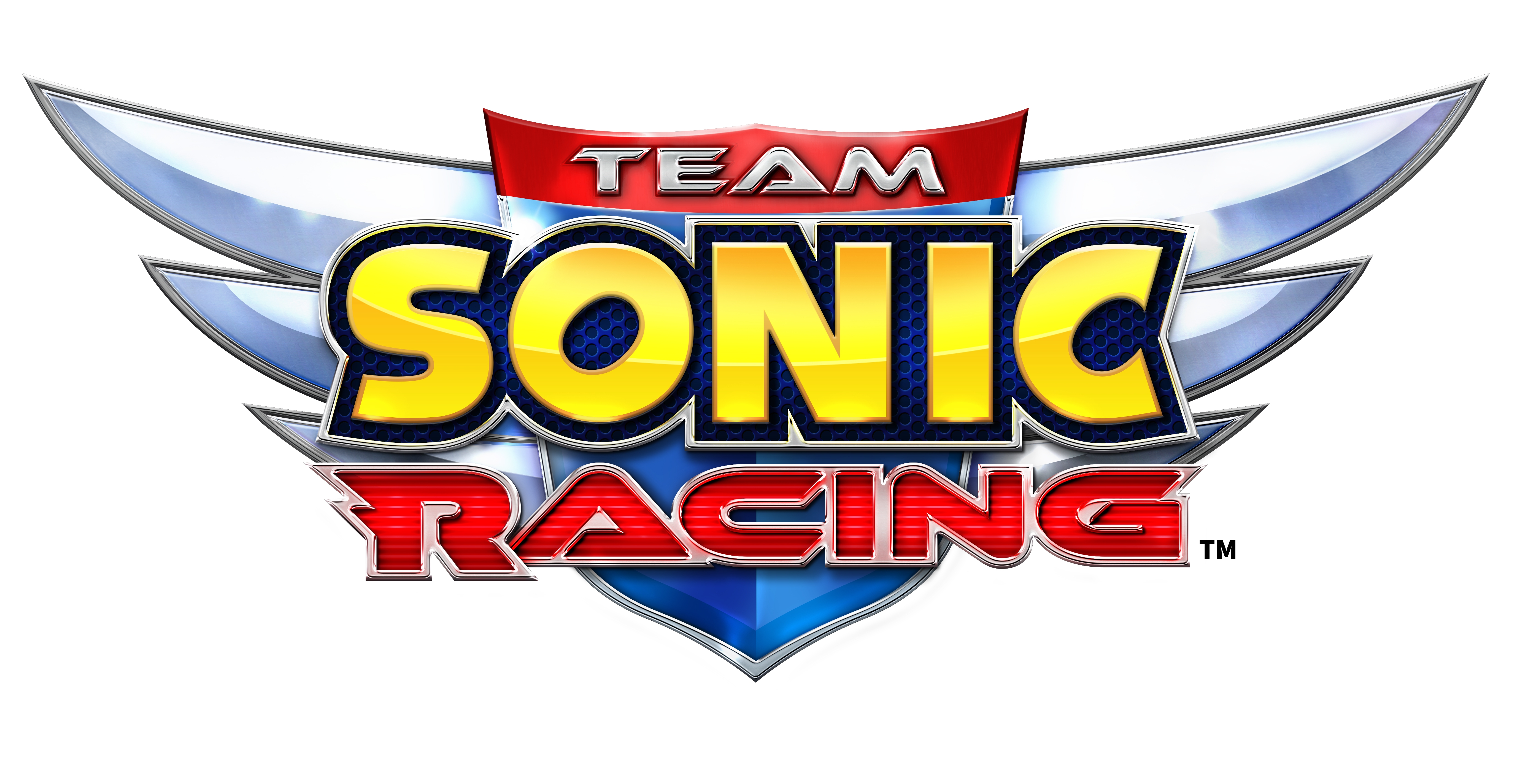 Logo Team Sonic Racing con scudo, ali e il titolo del gioco in colori vivaci.