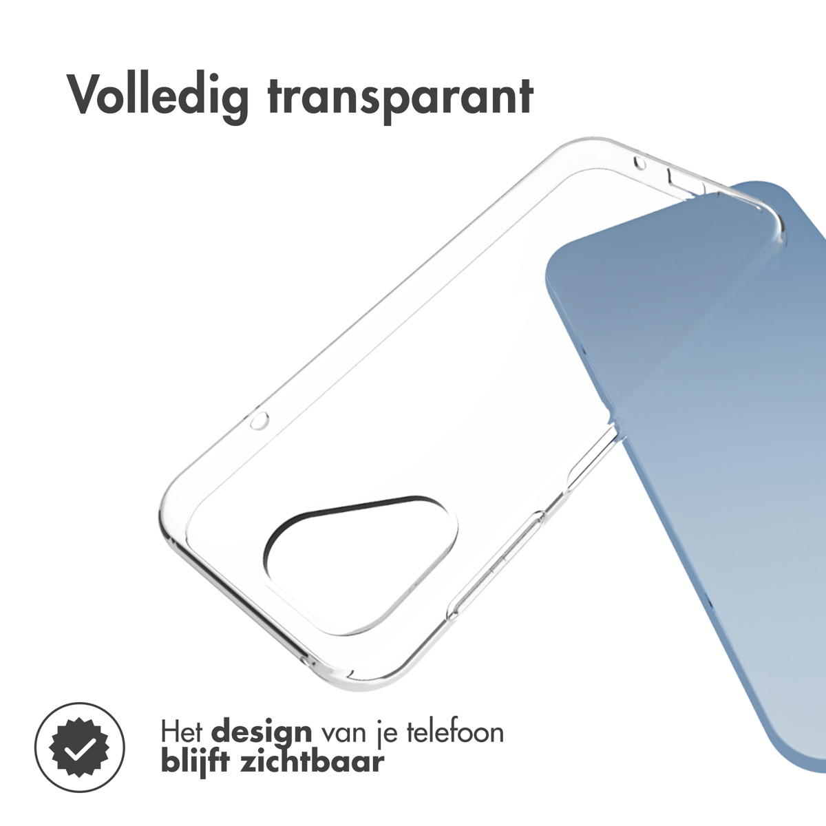 Una custodia trasparente per telefono con un inserto blu. La custodia è trasparente.