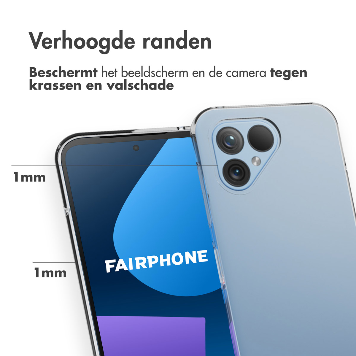 Telefoonhoesje met verhoogde randen, beschermt het scherm en de camera. Fairphone logo.