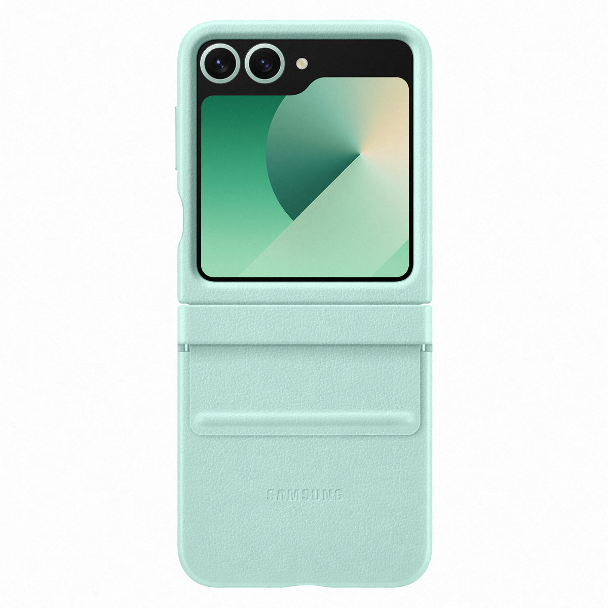 Funda de teléfono verde menta con un teléfono plegable dentro, desplegado. La pantalla muestra un diseño. Fondo negro.