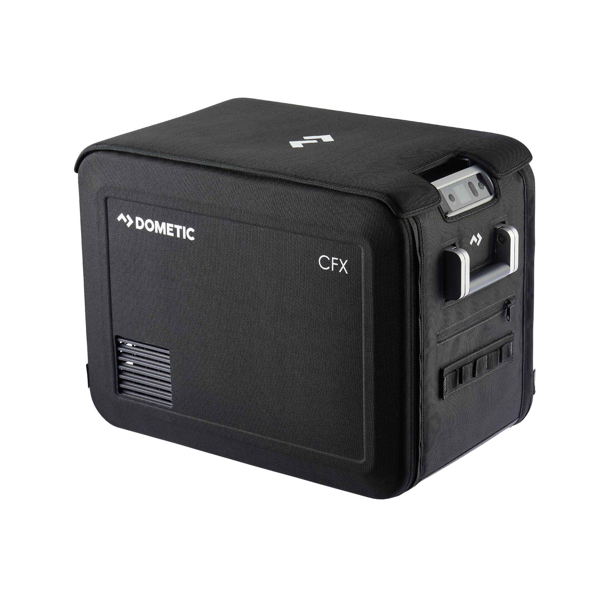 Black Dometic CFX cooler box with a black cover. Features a silver handle and a side panel.