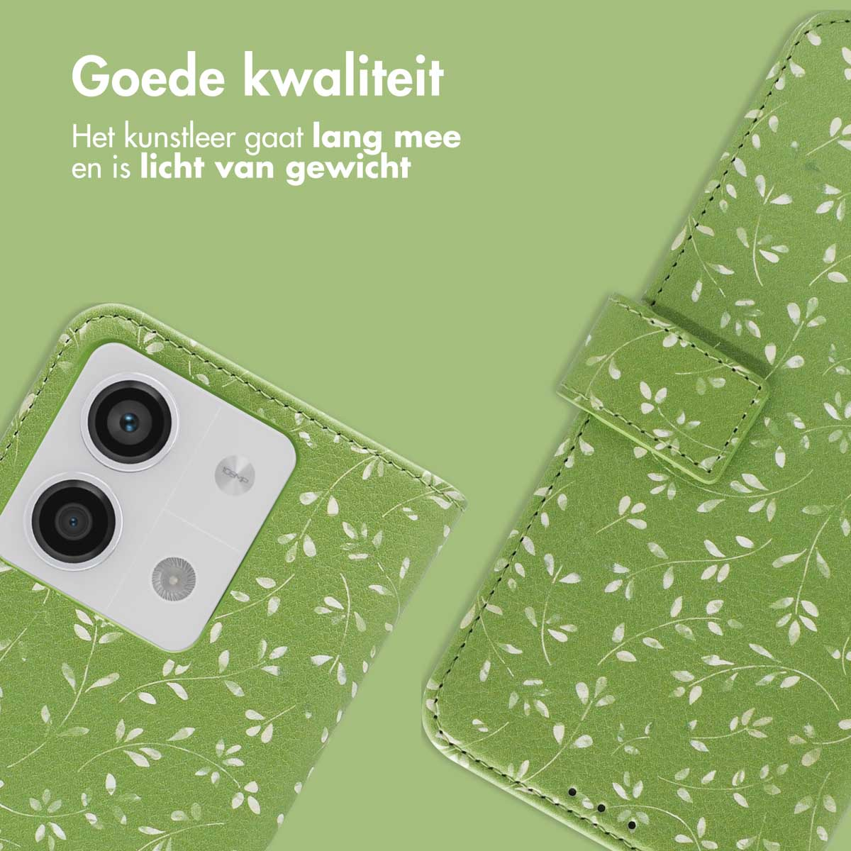 Groen telefoonhoesje met wit bladerpatroon en camera-uitsparingen, close-up.