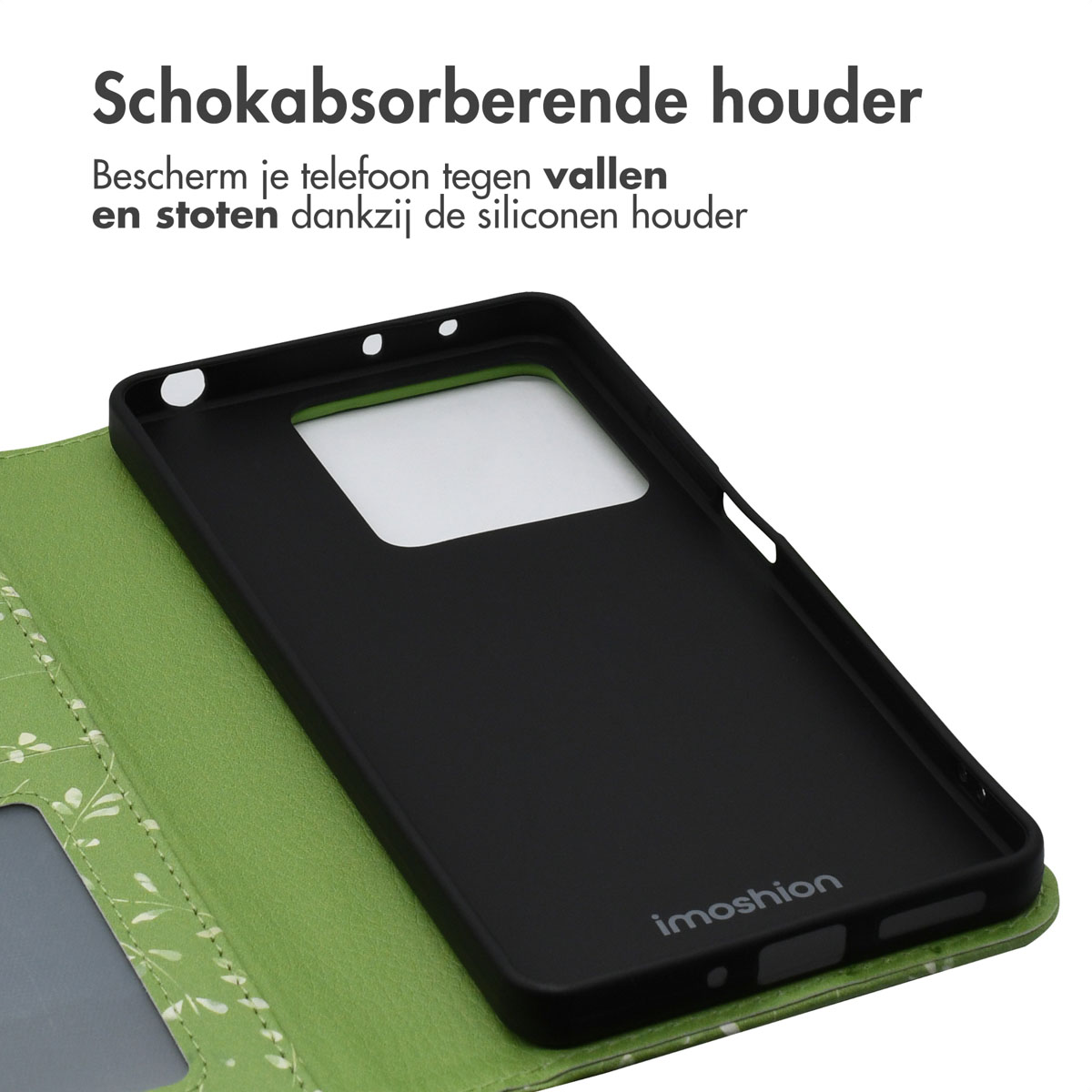 Groene en witte telefoonhoes, zwarte binnenhoes, toont de binnenkant van de telefoonhoes.