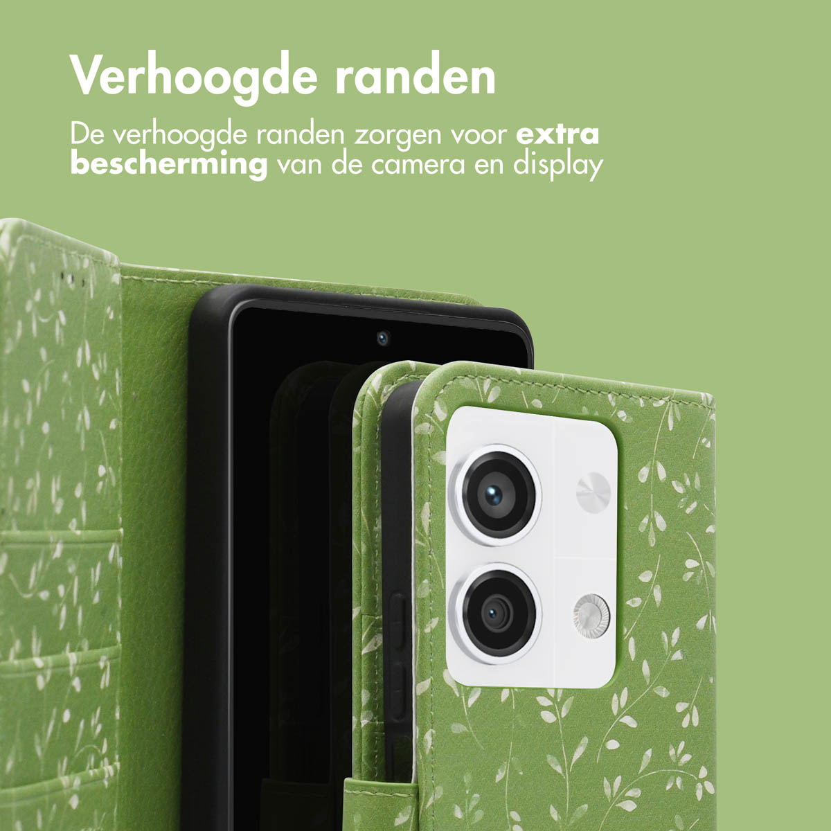 Groene telefoonhoes, open, met een zwarte telefoon en een bloemenontwerp, met tekst.