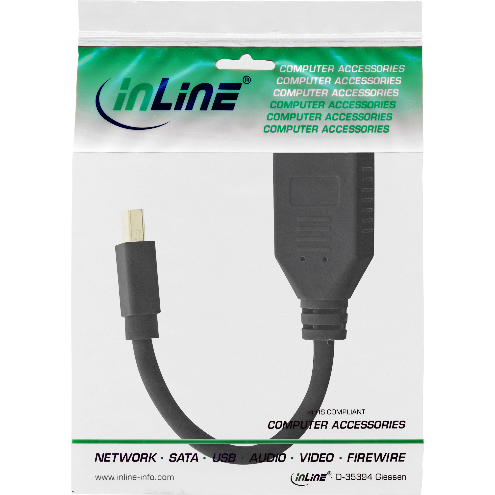 Adattatore USB nero in un sacchetto di plastica. Testo: Accessori per computer, inLine.