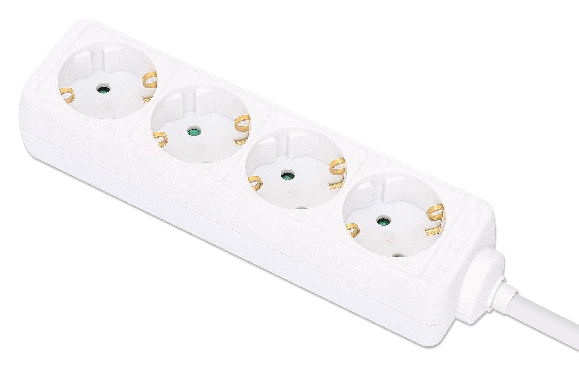 Biała listwa zasilająca z trzema gniazdami i białym kablem. Widok z góry na białym tle.