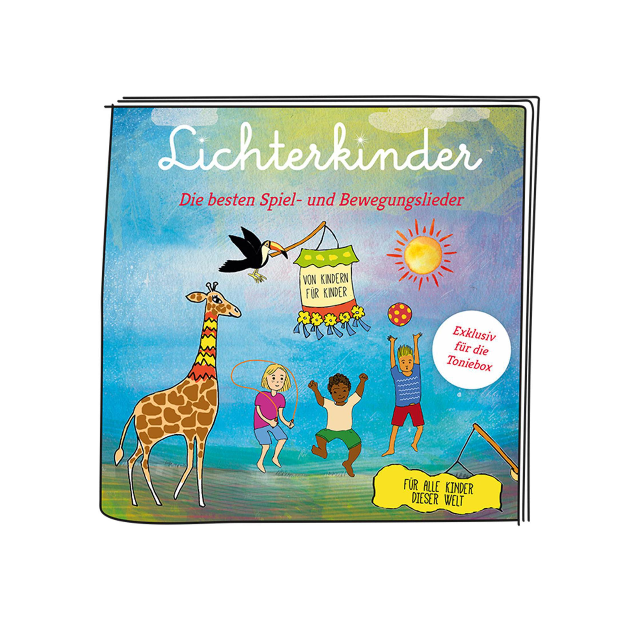 Das Cover eines Buches mit dem Titel 'Lichterkinder'. Es zeigt spielende Kinder und eine Giraffe.