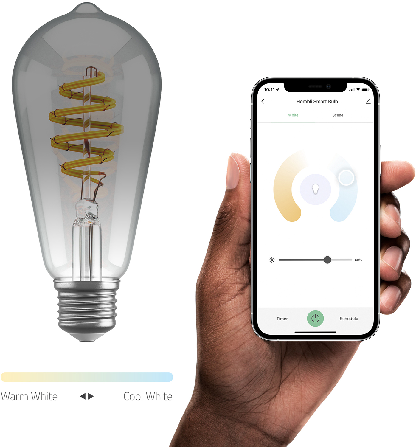 Smarte Glühbirne und Smartphone. Glühbirne hat eine Spiralfaser. Telefon zeigt Farb- und Helligkeitsregler.