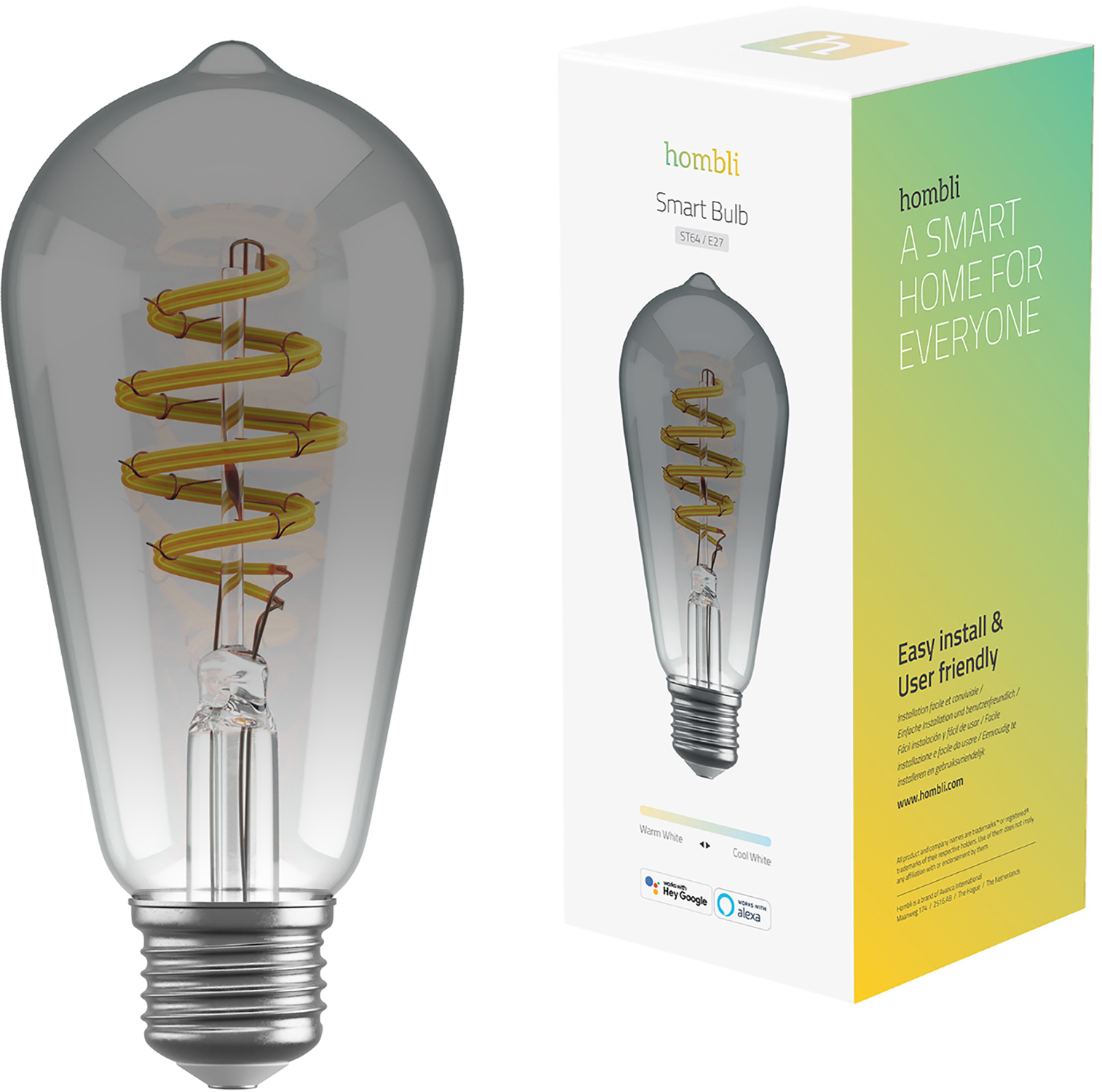 Eine Glühbirne mit Wendelfaden. Sie steht vor ihrer Box. Die Box hat Branding und ein Bild der Birne.