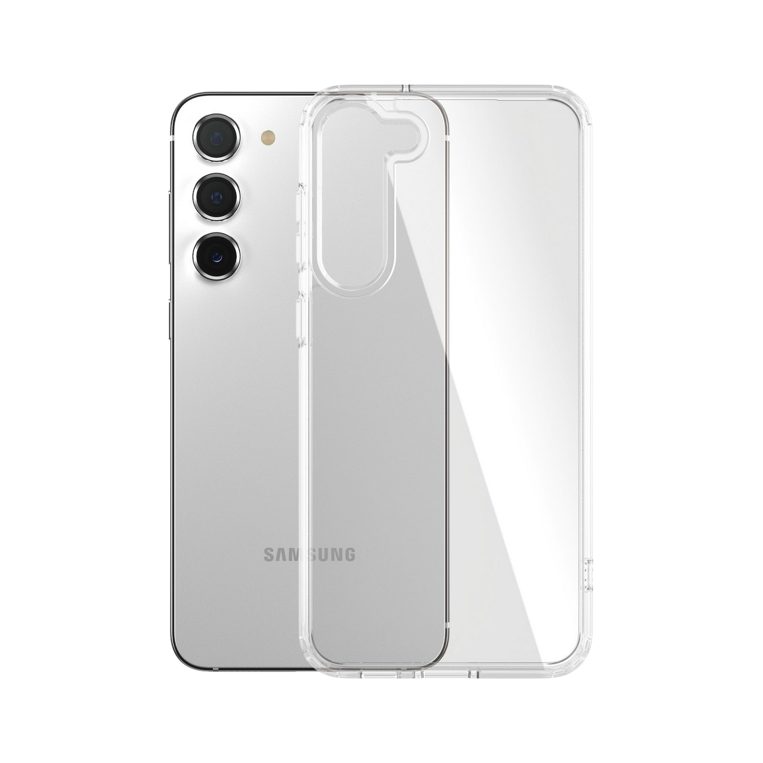 Transparente Handyhülle mit Telefon, transparent, vor schwarzem Hintergrund.
