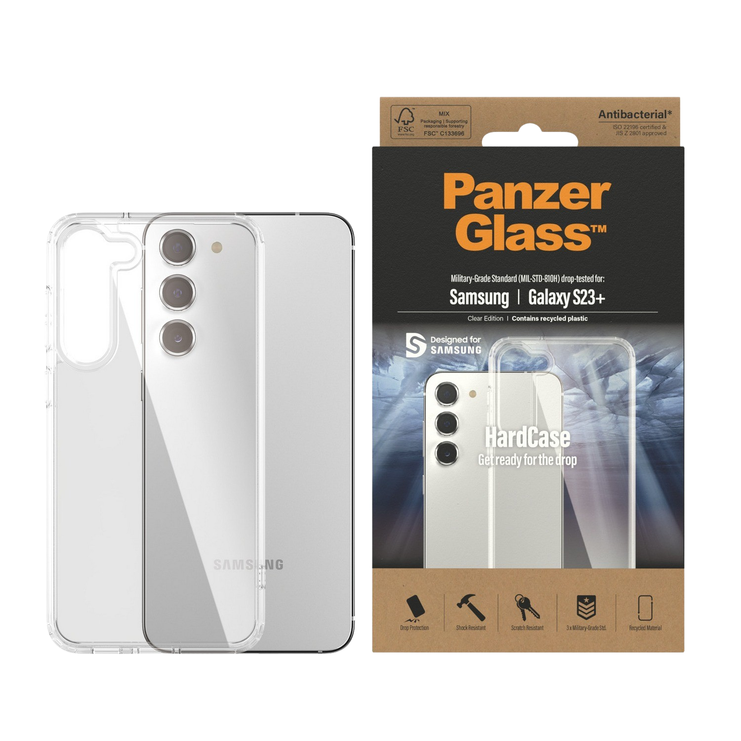Verpackung für Displayschutzfolie. Klare Hülle für Samsung Galaxy S23+, Militärqualität.