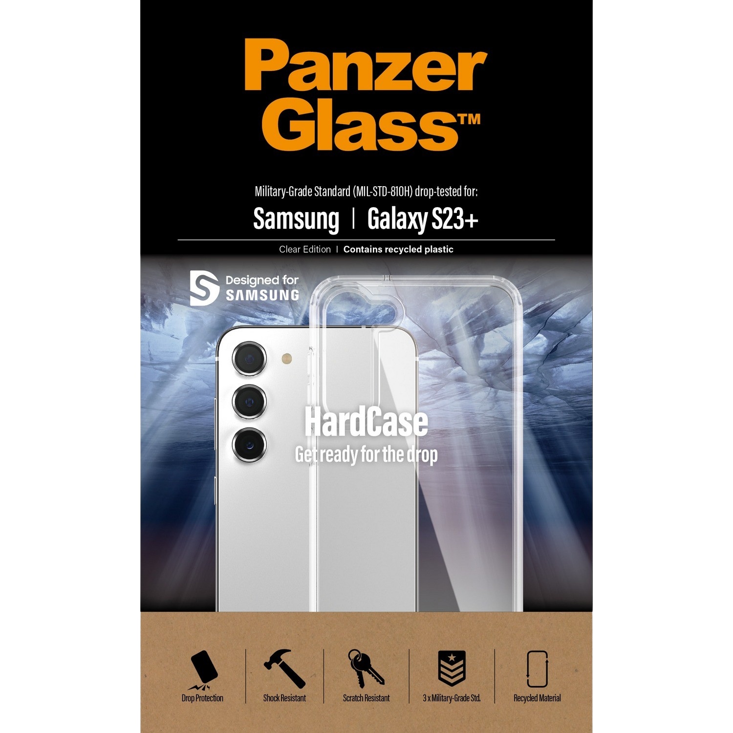 PanzerGlass-Handyhüllenverpackung mit einem weißen Telefon und den Worten 'HardCase' und 'Samsung'.
