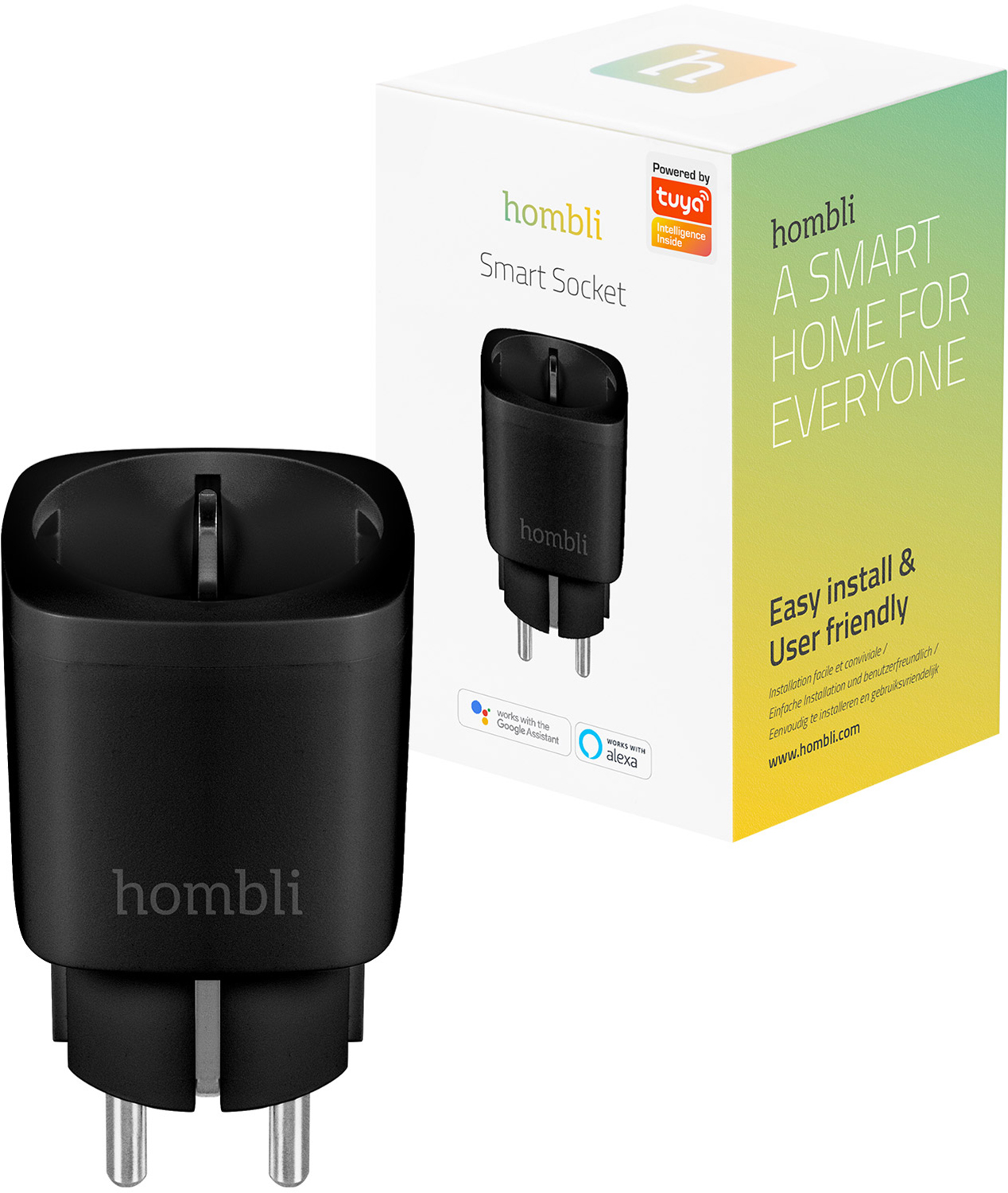 Eine schwarze Homli Smart Socket mit einer weißen Box. Die Box hat das Homli-Logo und die Worte 'Smart Home'.