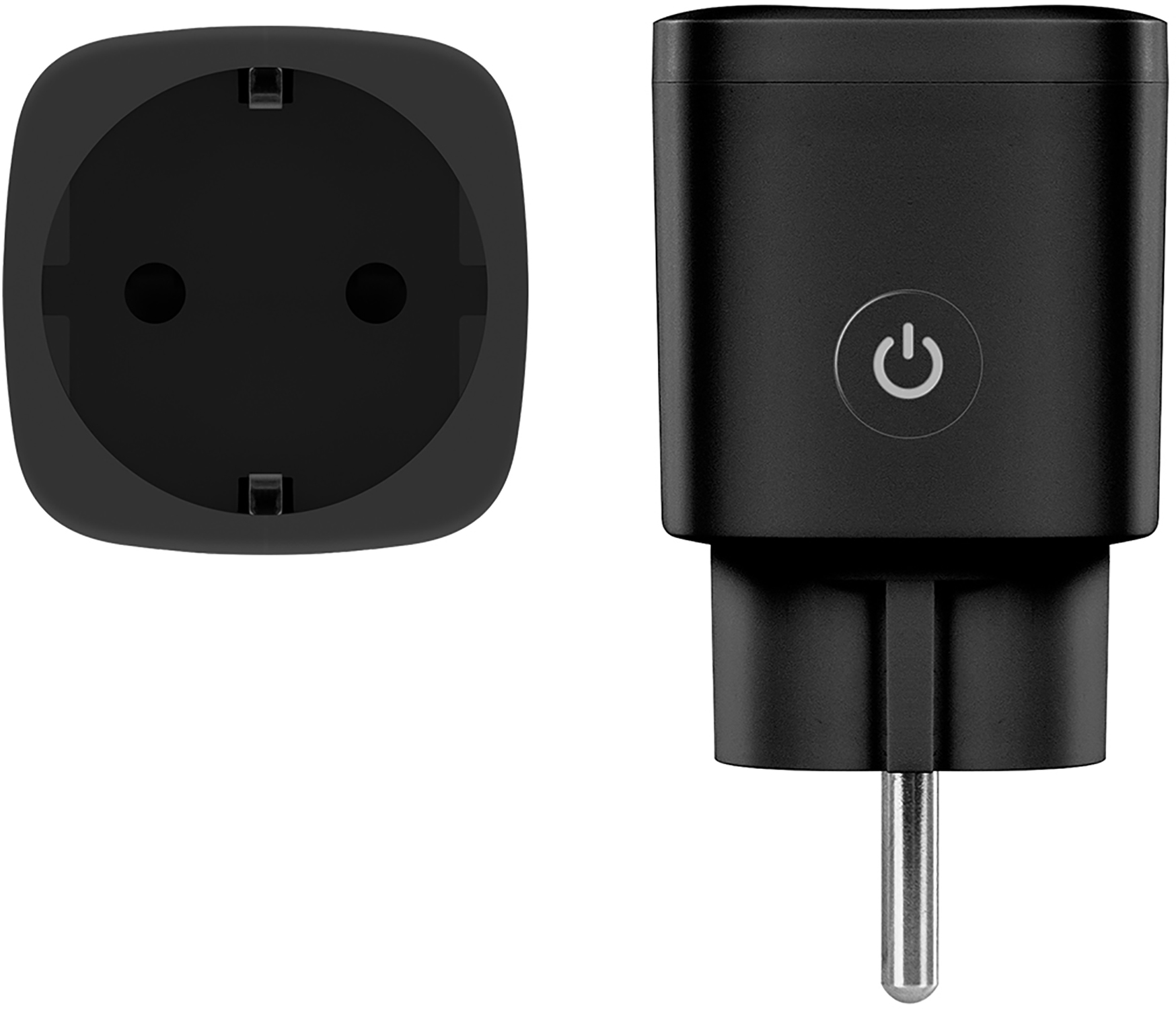 Schwarzer Smart-Stecker mit Ein-/Aus-Taste und zweipoligem Stecker für die Steckdose.