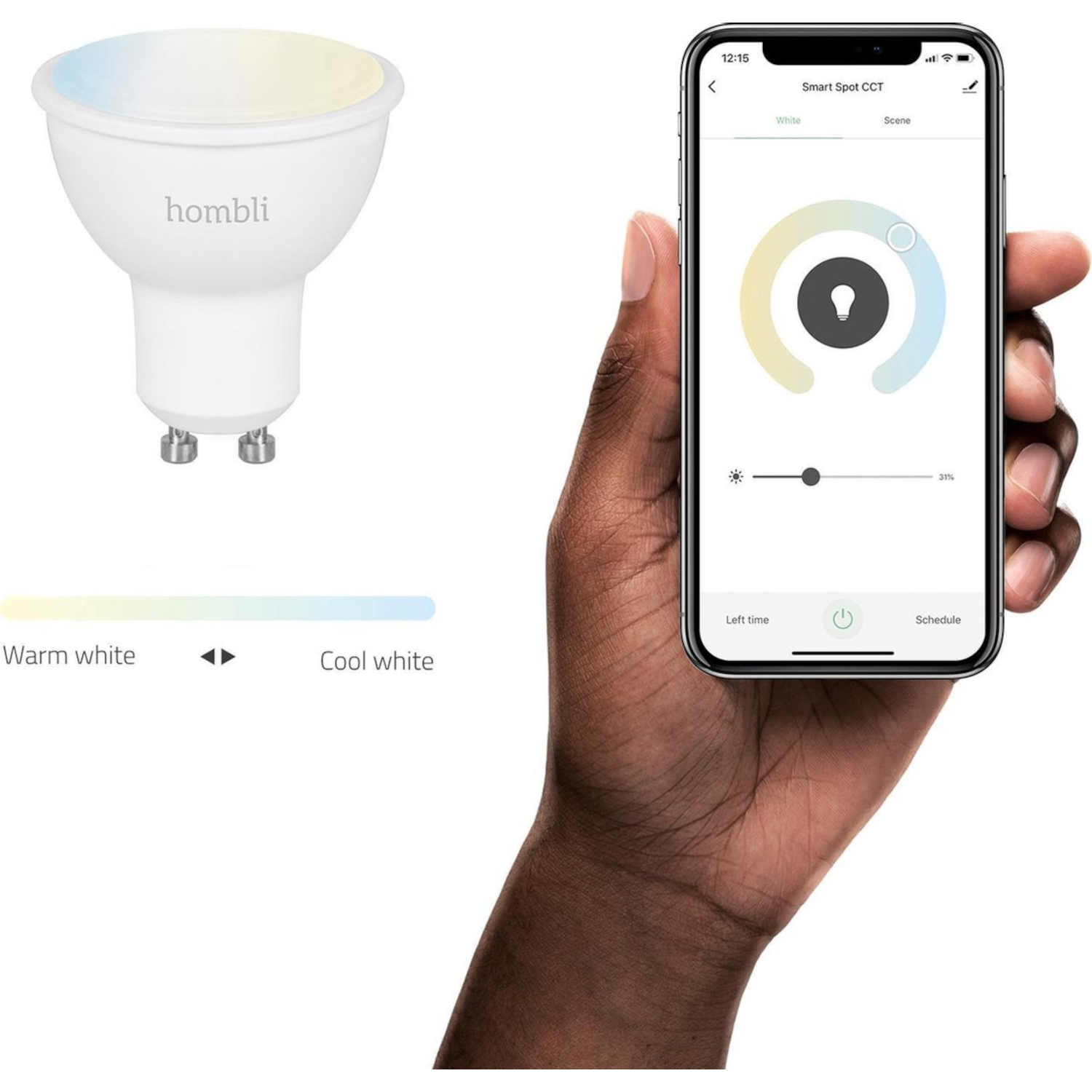 Dłoń trzymająca telefon wyświetlający aplikację inteligentnej żarówki. Żarówka i suwak sterowania są widoczne.