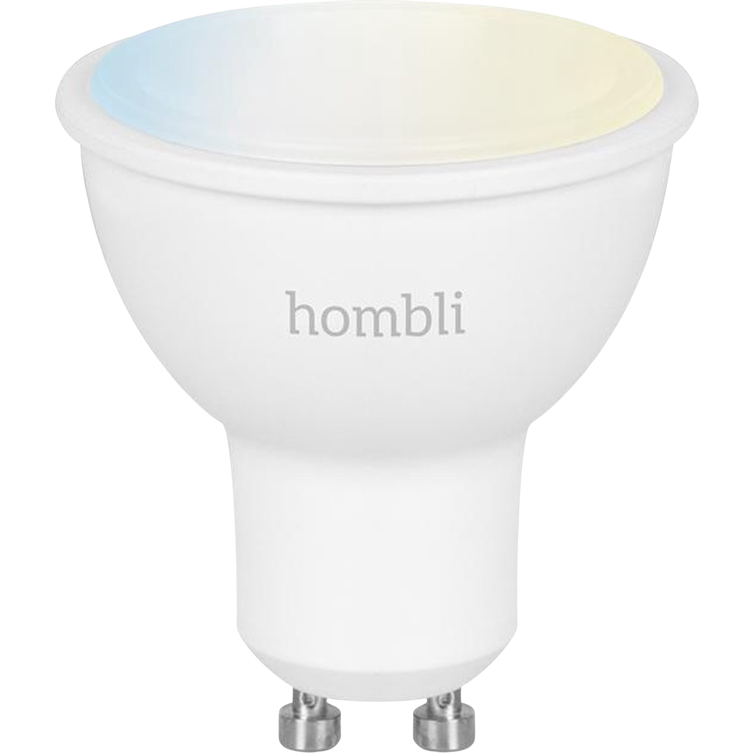 Biała żarówka hombli. Żarówka ma białą podstawę i kolorową górną część.
